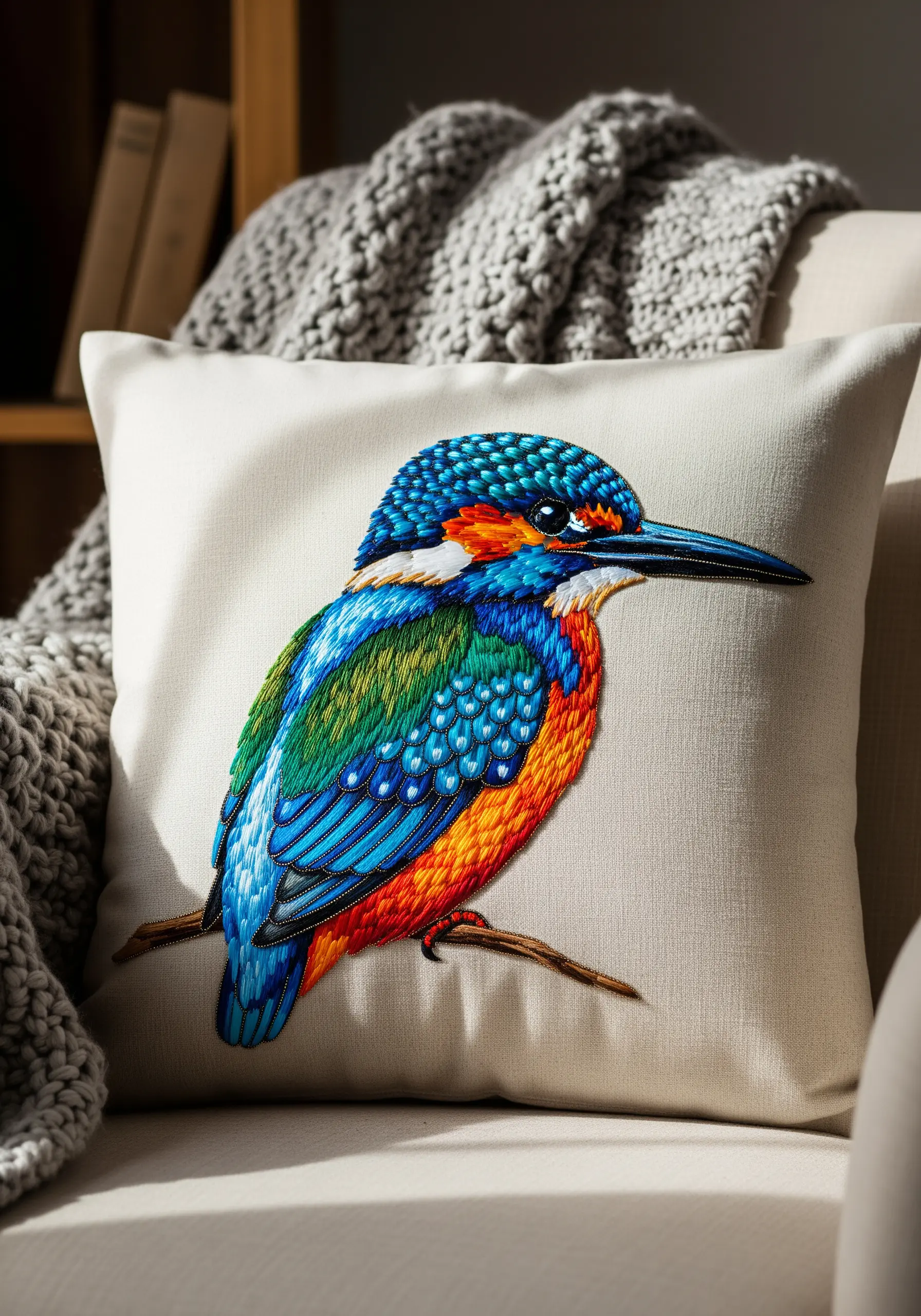Intricate thread-painted kingfisher with vibrant blue and orange feathers on a cushion.