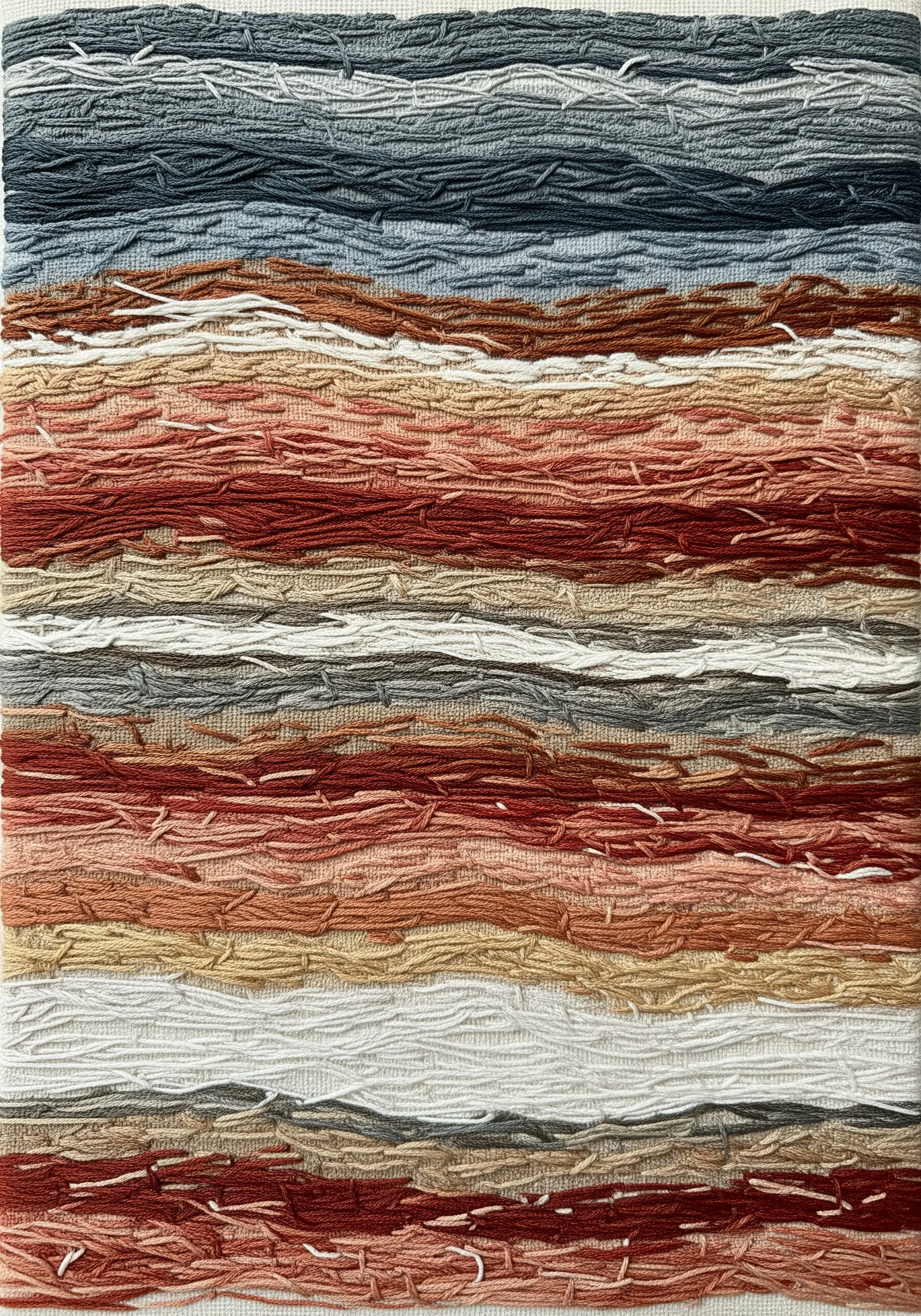 Abstract textile with layered horizontal stitches in earthy tones, creating a woven texture.