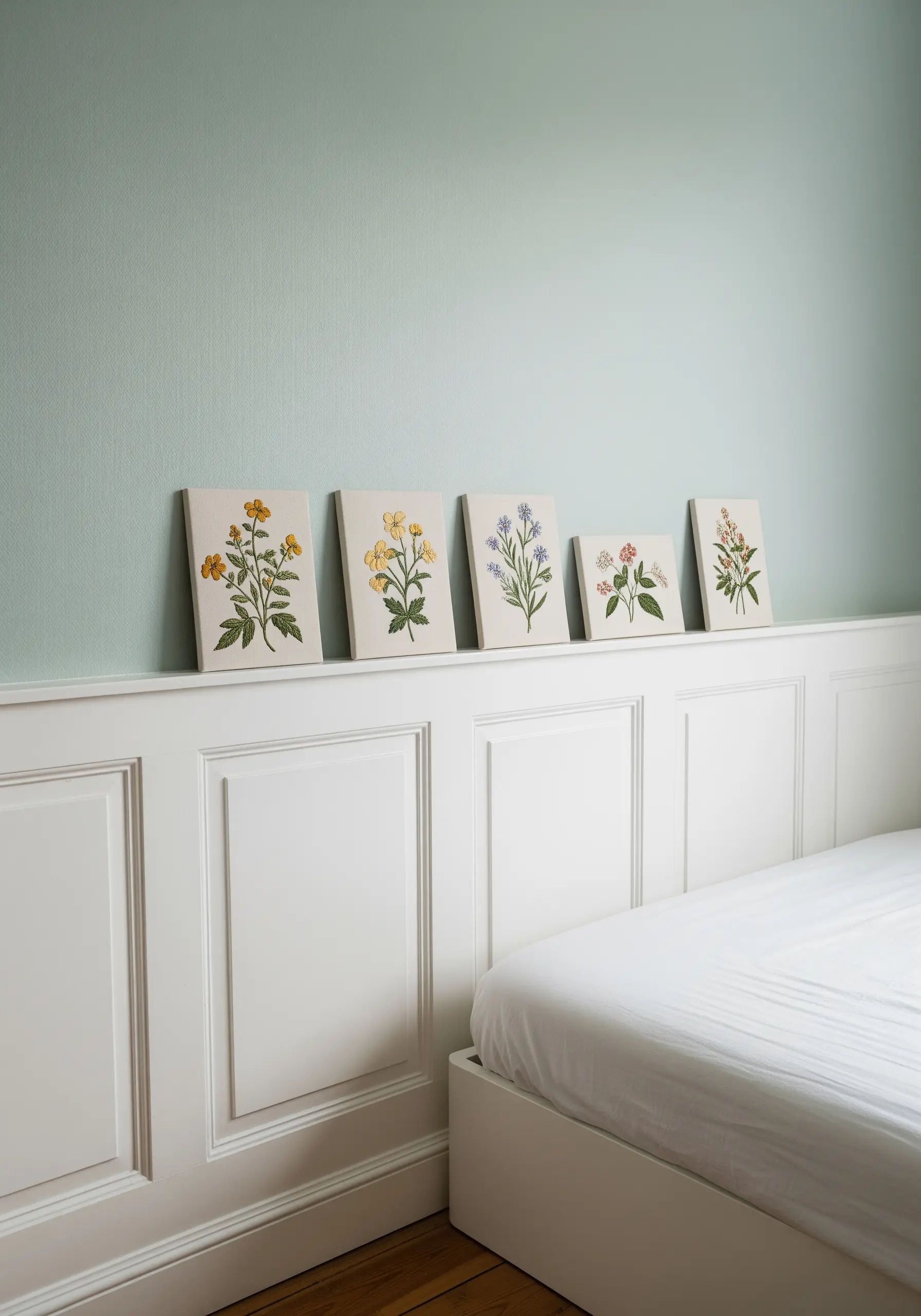 Row of botanical embroidery canvases leaning on white wainscoting
