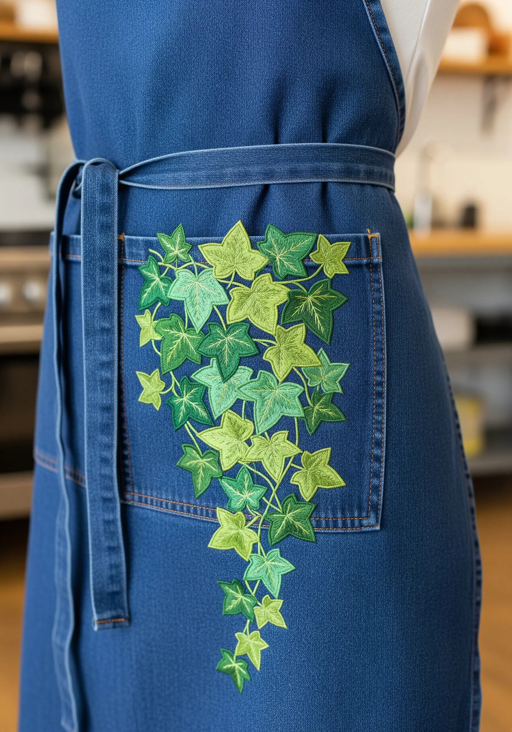 A cascade of green ivy leaves embroidered on and spilling out of the pocket of a denim apron.