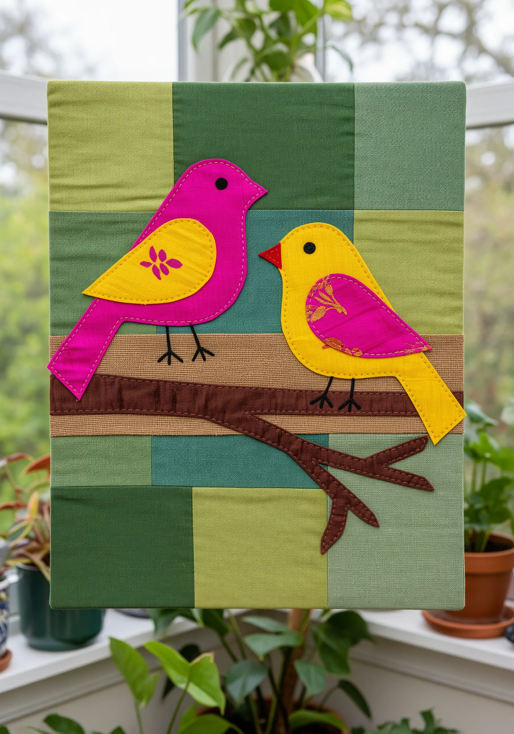 Colorful appliqué birds made from pink and yellow saree fabric on a green patchwork background.