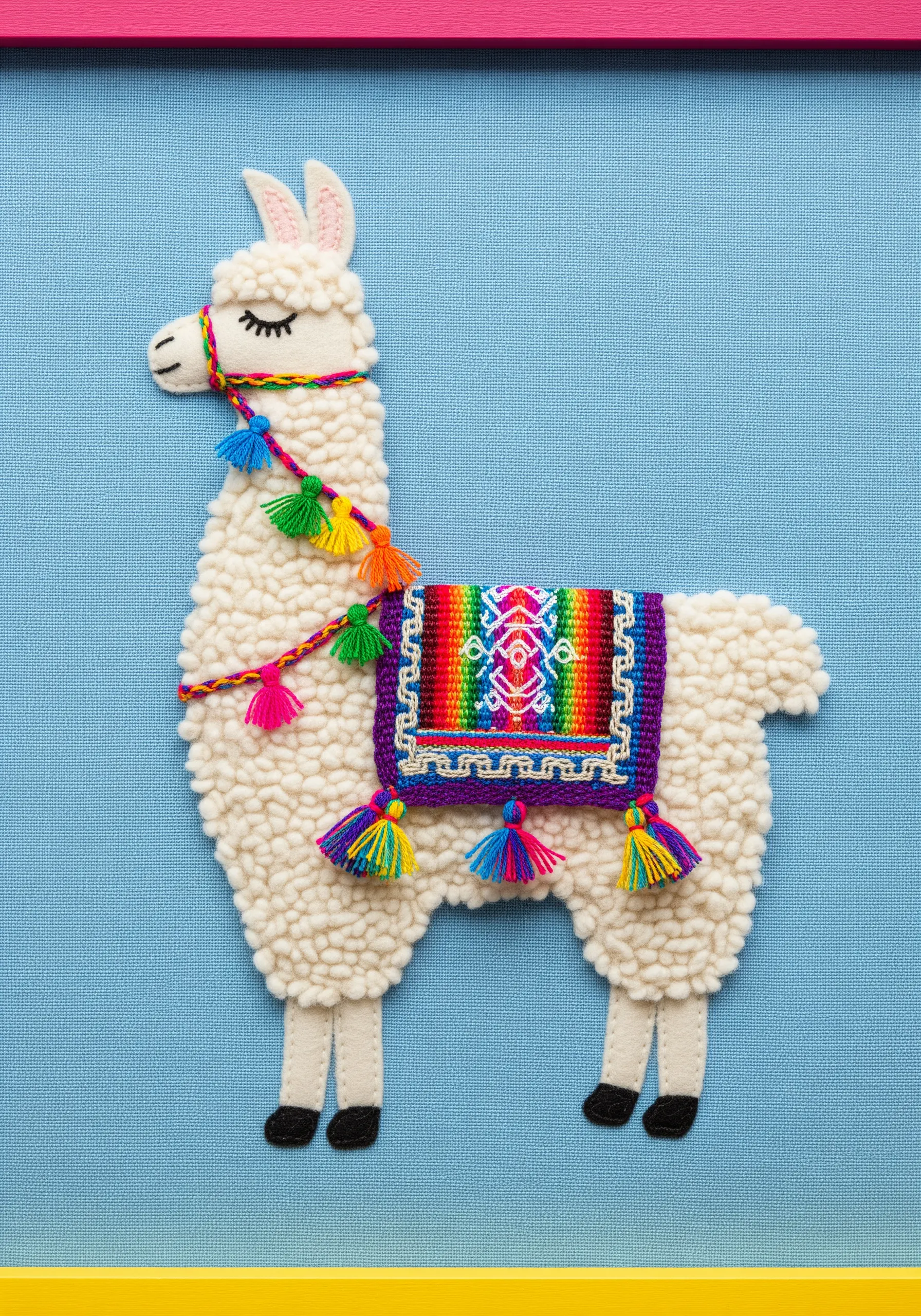 A cute llama made from white boucle fabric to simulate a woolly fleece, with colorful tassel details.