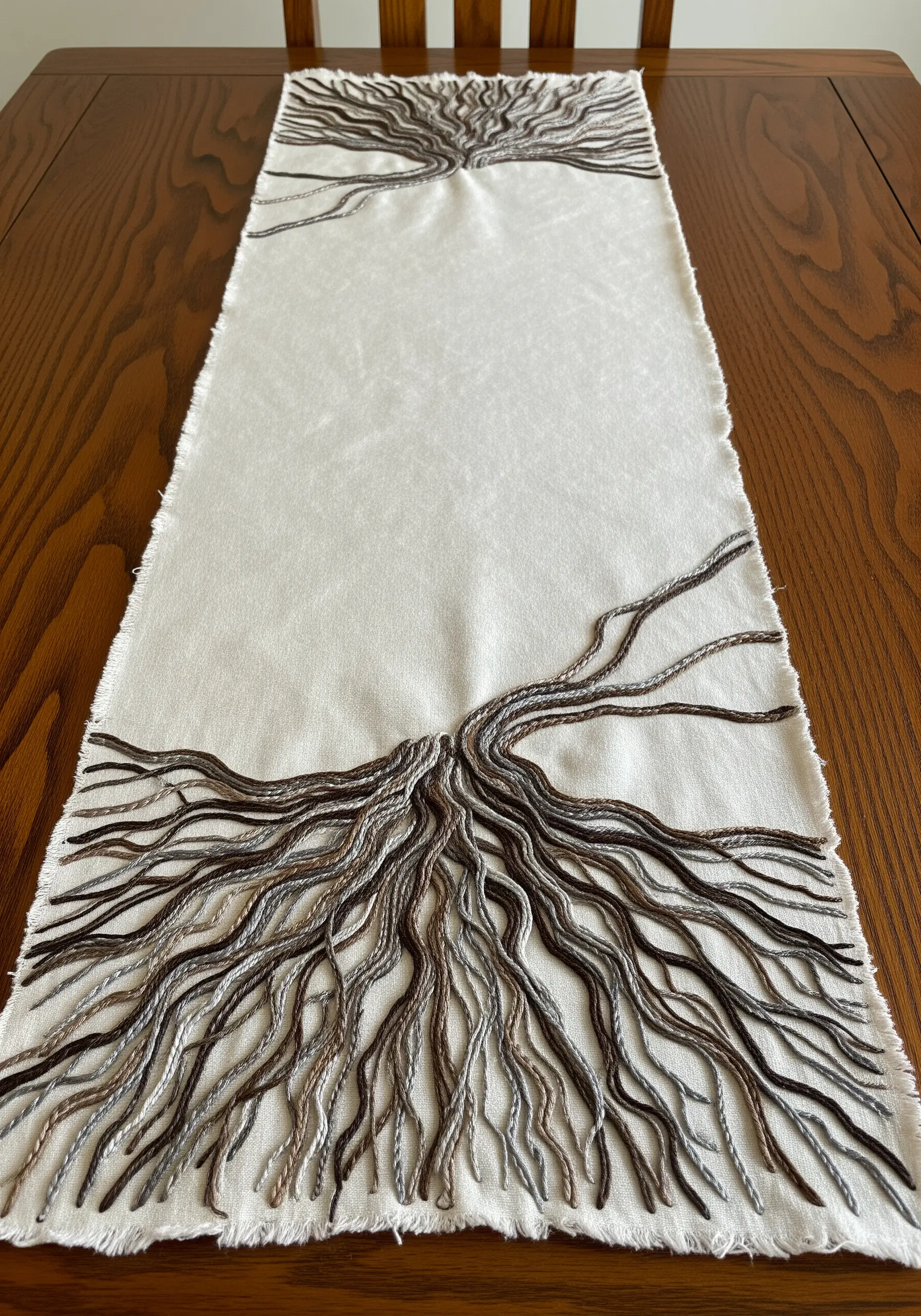 A table runner with embroidered tree roots that fray and hang off the edges of the fabric.