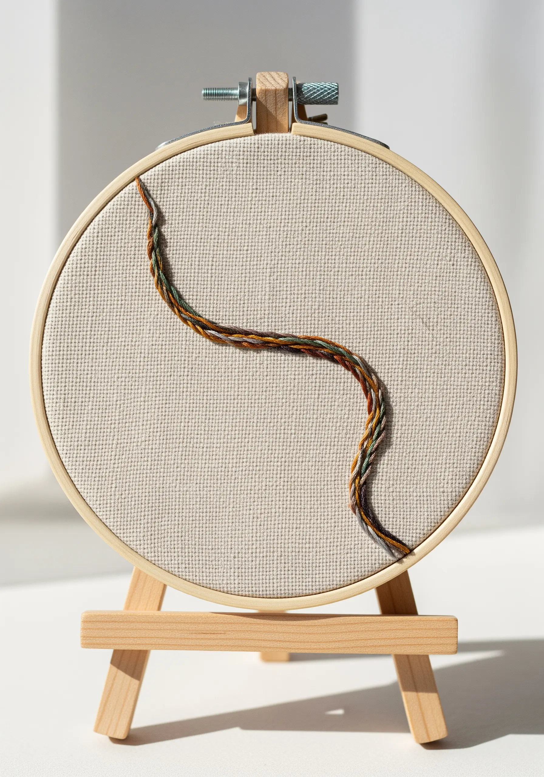 A wavy line stitched with variegated earth-toned thread on a small easel.
