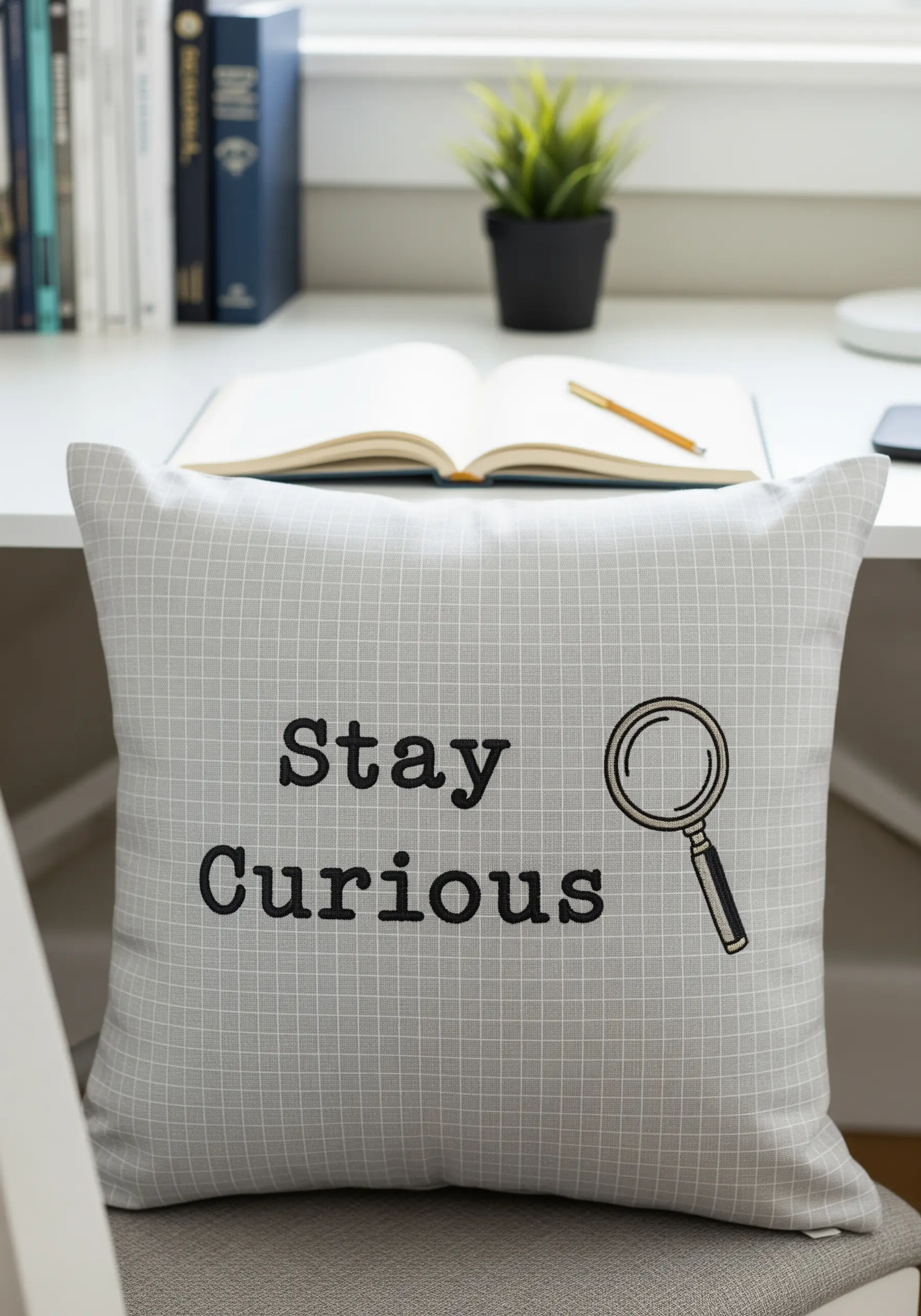 Simple black embroidered lettering and magnifying glass on a light gray grid-patterned pillow.