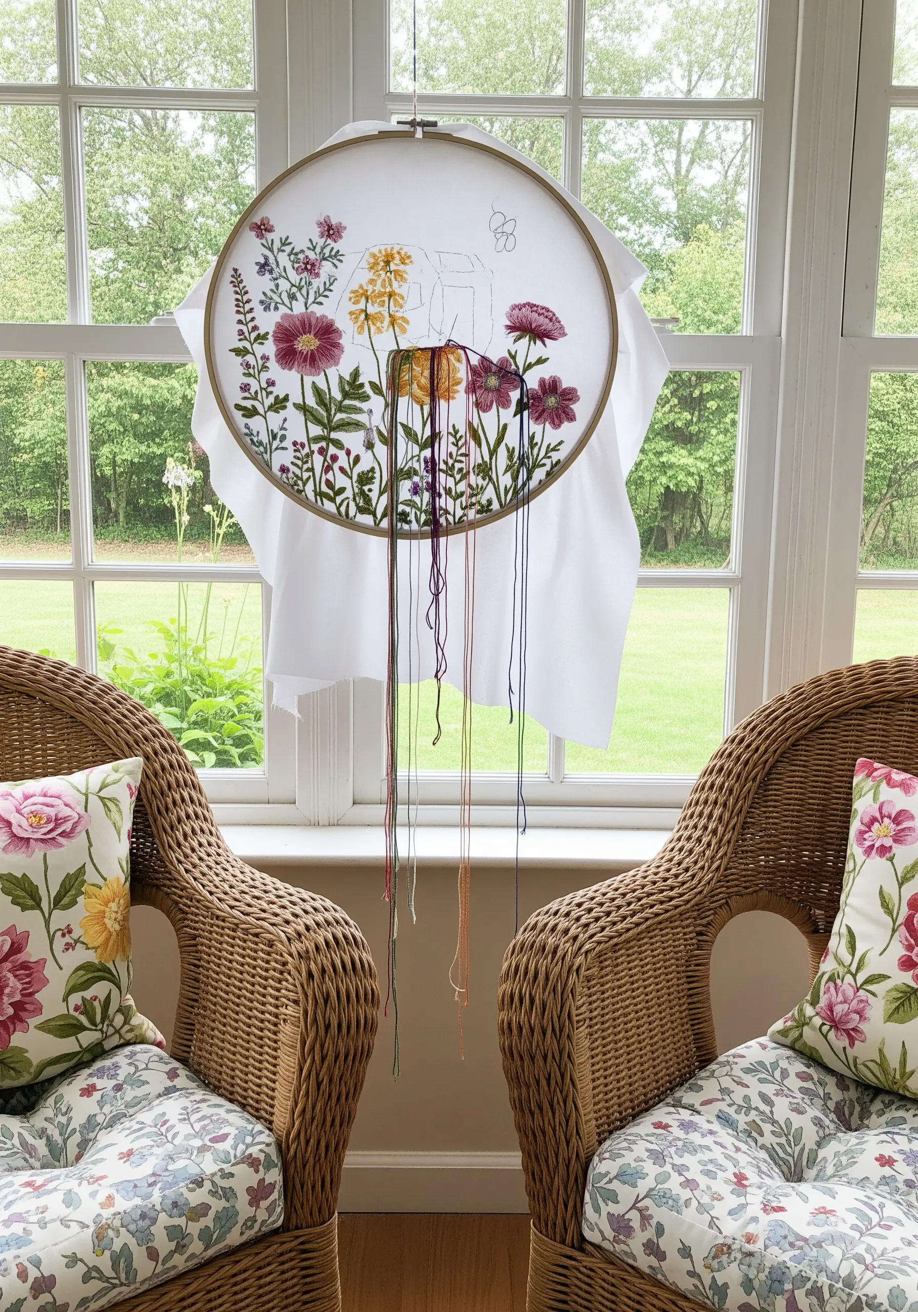 An unfinished floral embroidery in a hoop, with long, colorful threads hanging down.