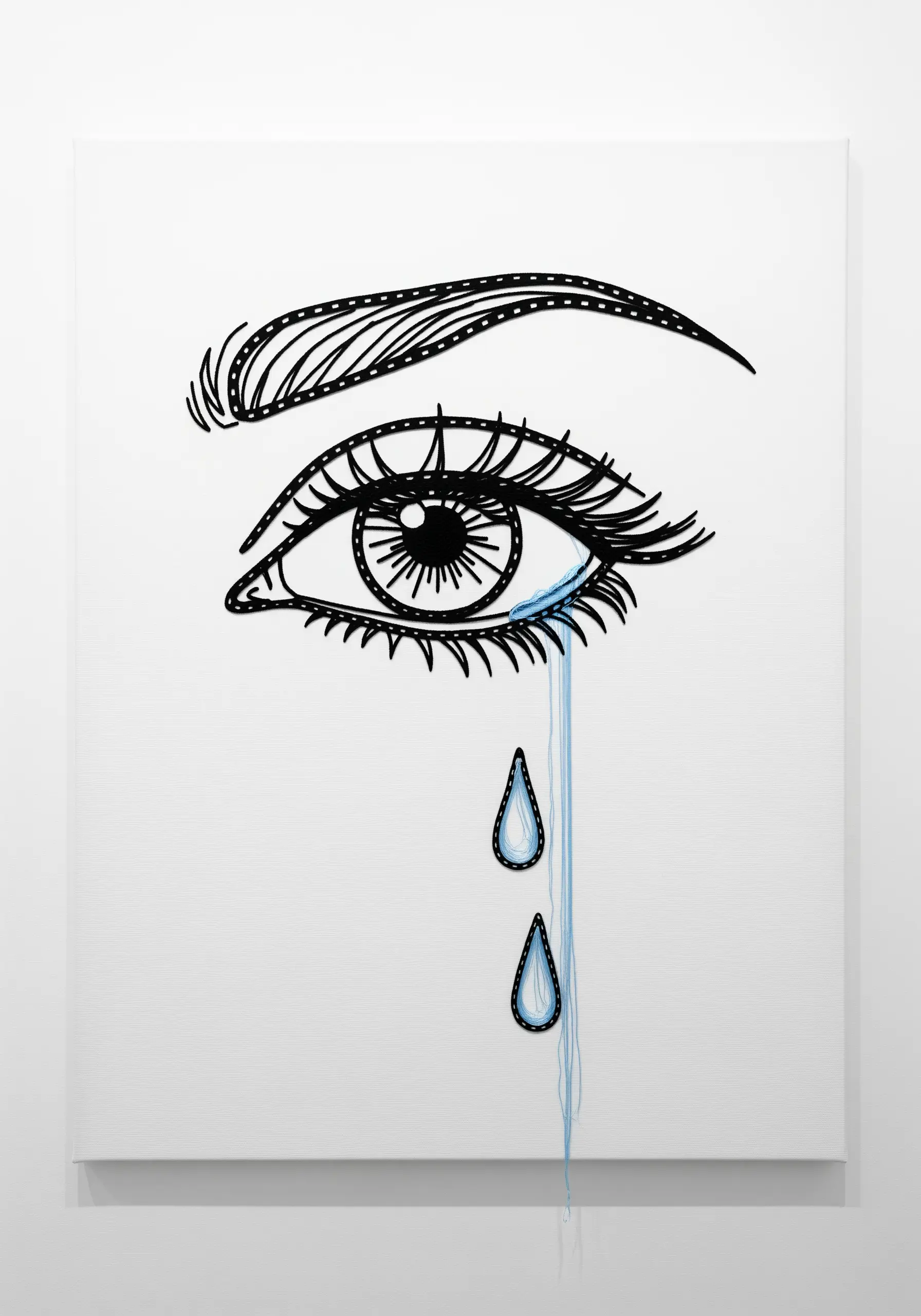 A line art drawing of an eye, with an embroidered blue tear that has threads hanging down.