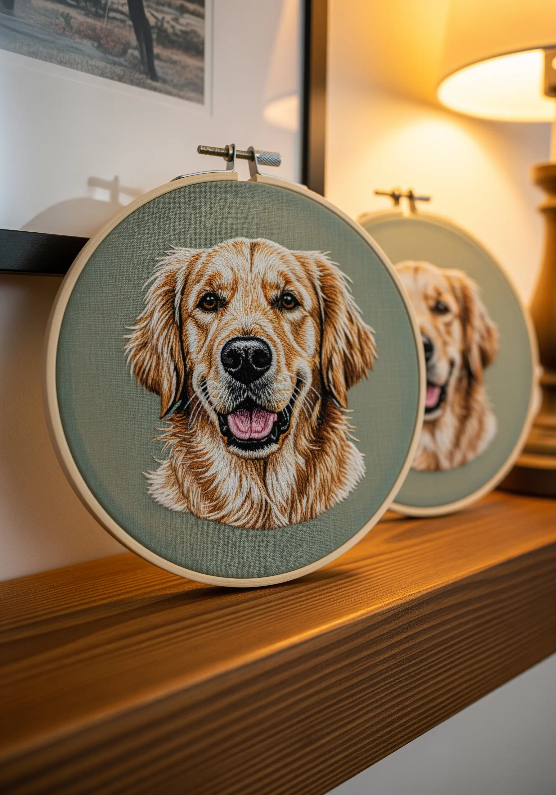 Detailed thread-painted embroidery portrait of a golden retriever in a wooden hoop.
