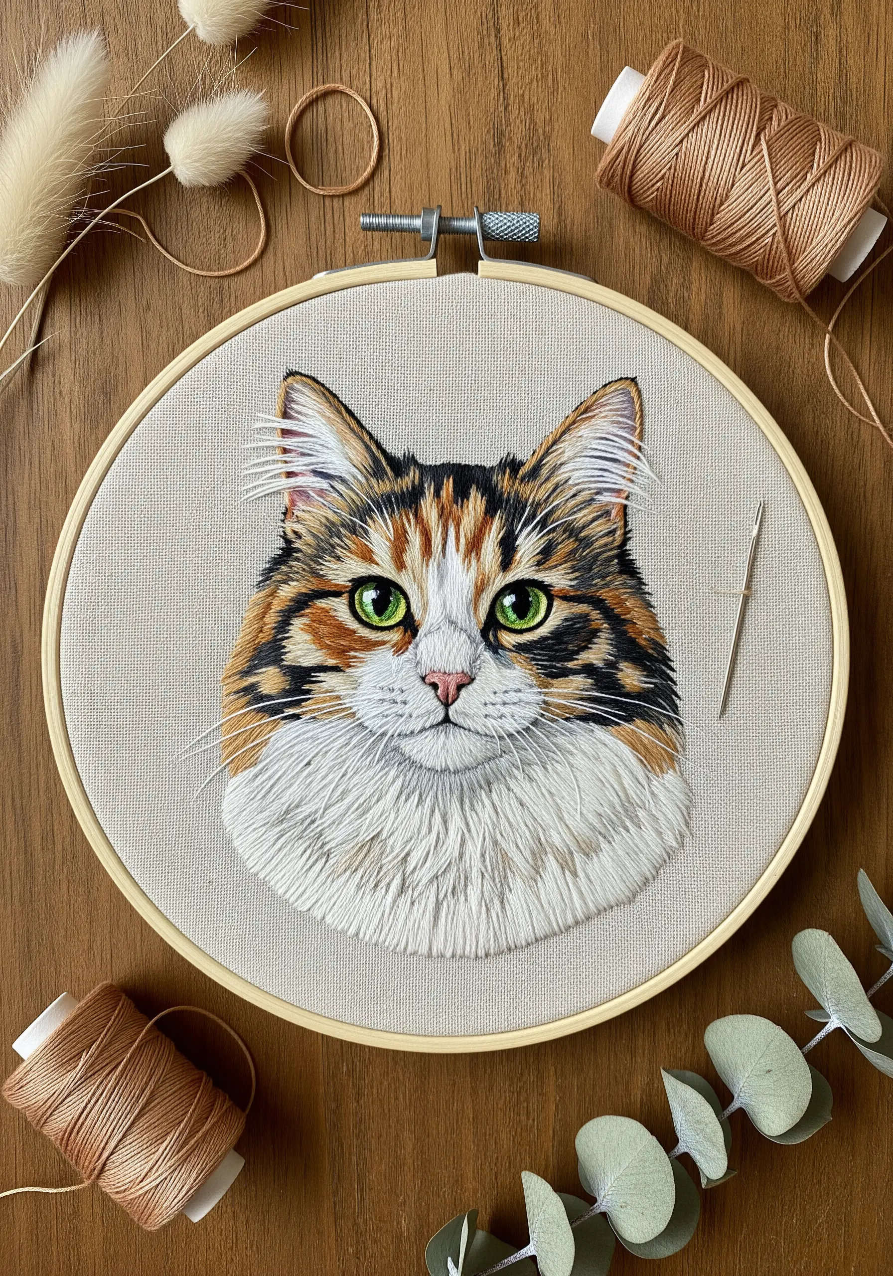 Detailed thread-painted portrait of a calico cat with green eyes in a wooden embroidery hoop.