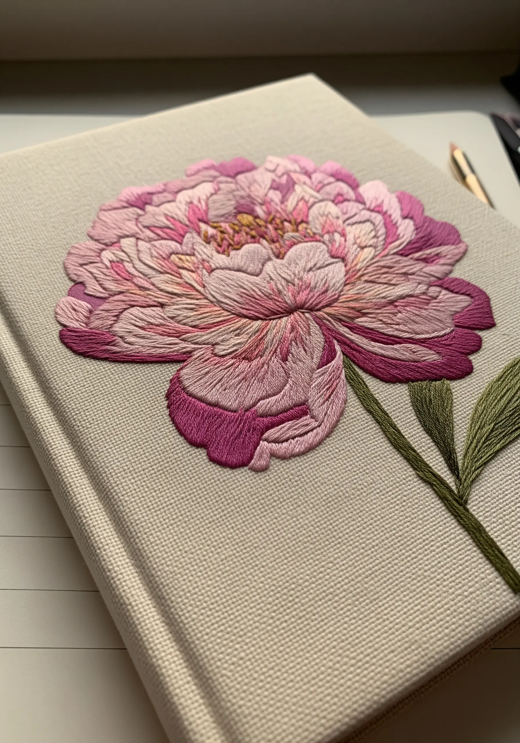 A highly detailed, thread-painted pink peony on the cover of a linen journal.