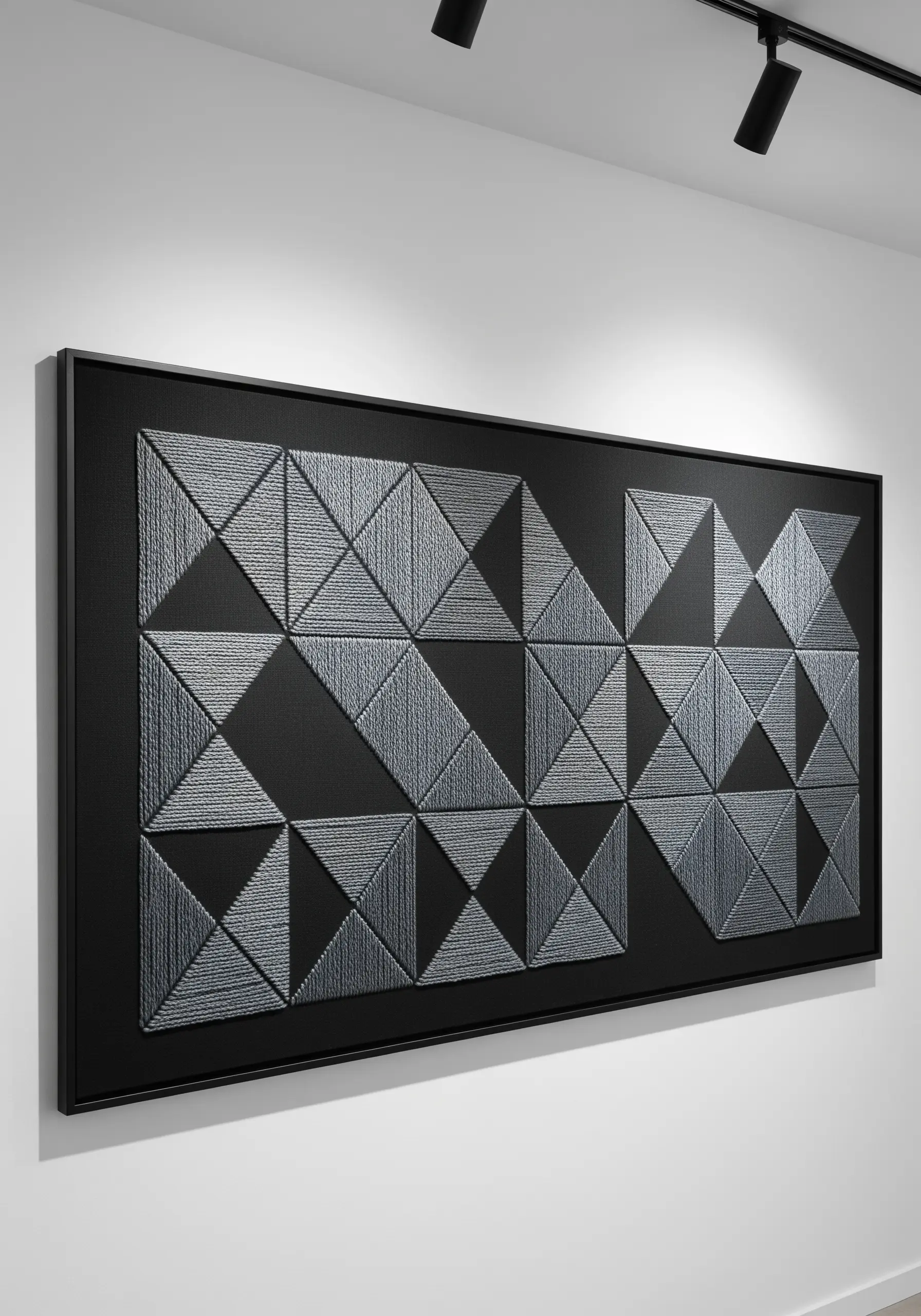 Black geometric embroidery with alternating satin stitch directions