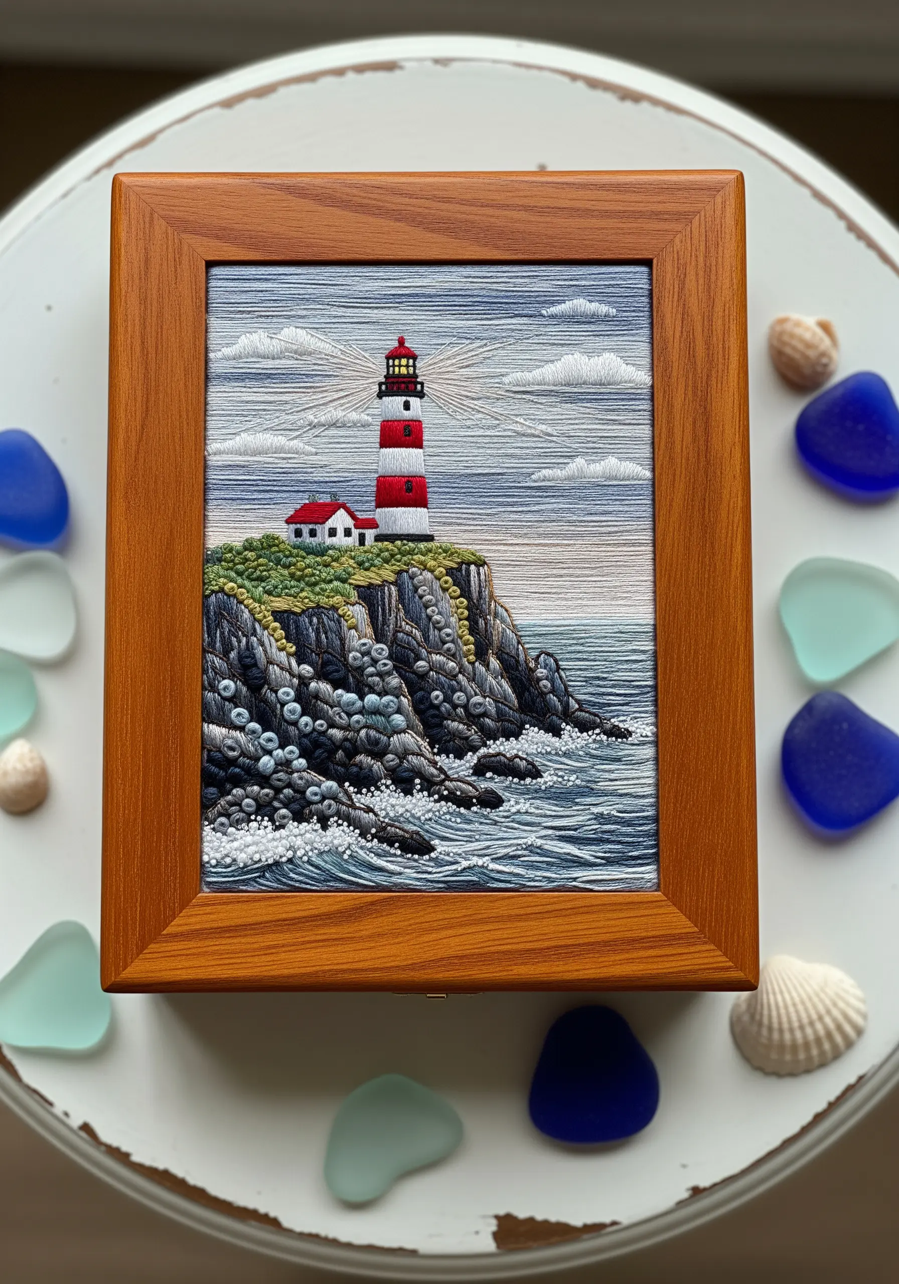 Wooden box with embroidered lighthouse scene on lid