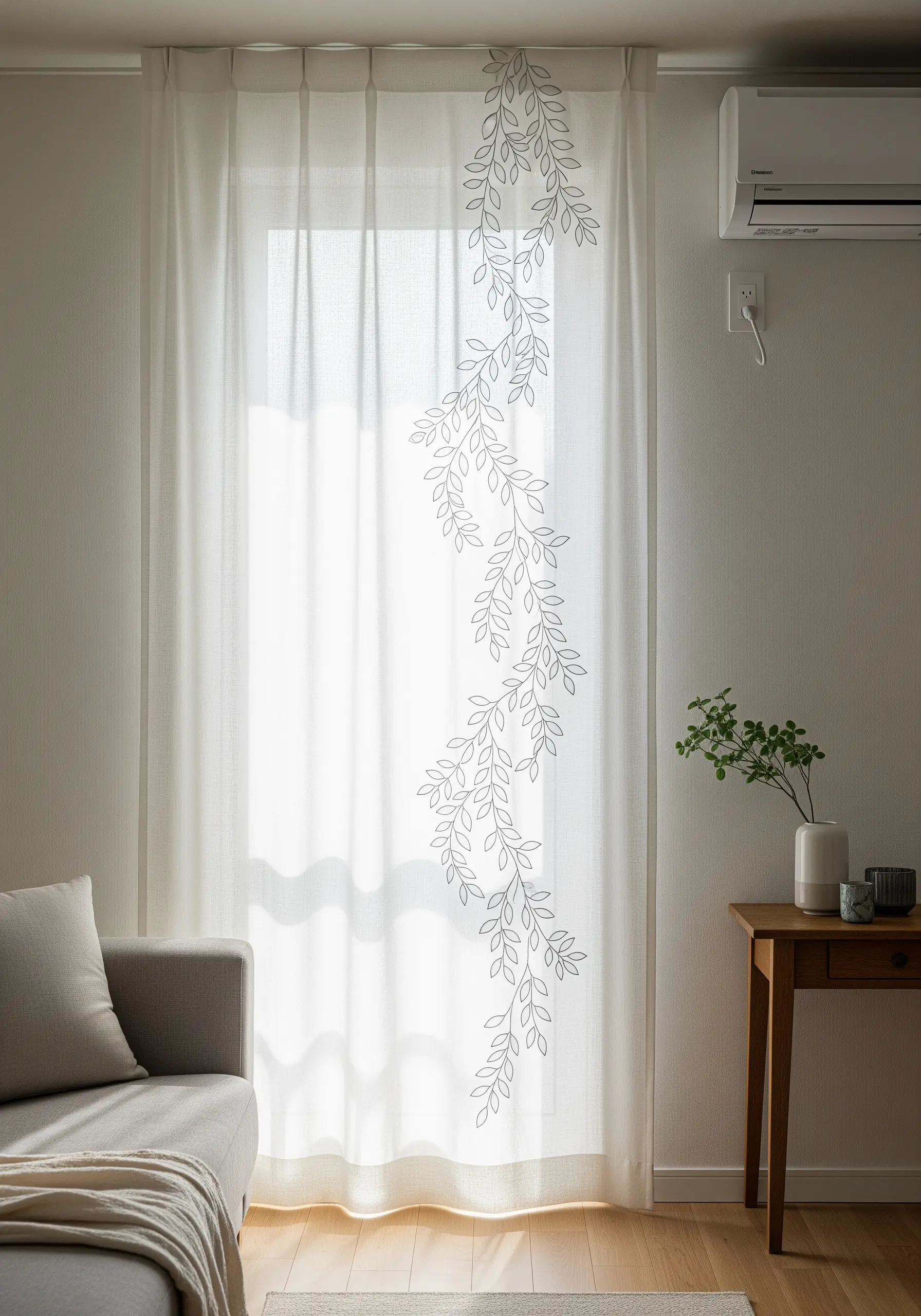 A climbing vine motif embroidered in a simple outline on a sheer white curtain.