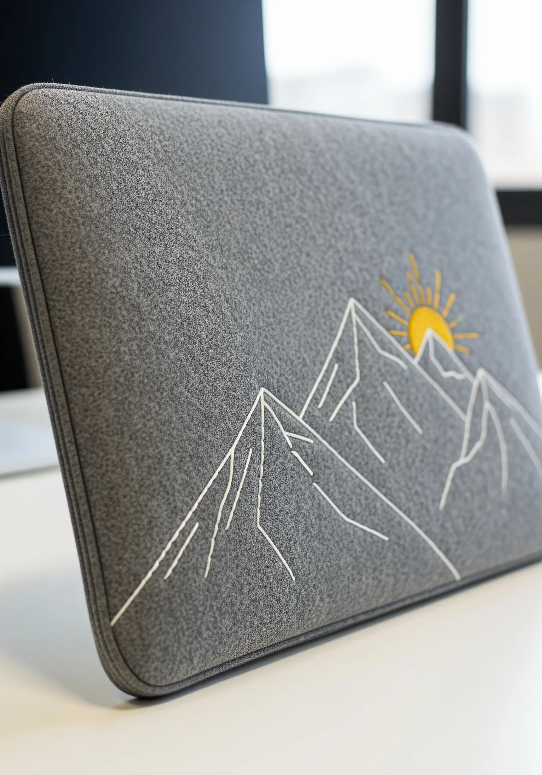 A gray felt laptop sleeve with a minimalist line-art embroidery of mountains and a rising sun.