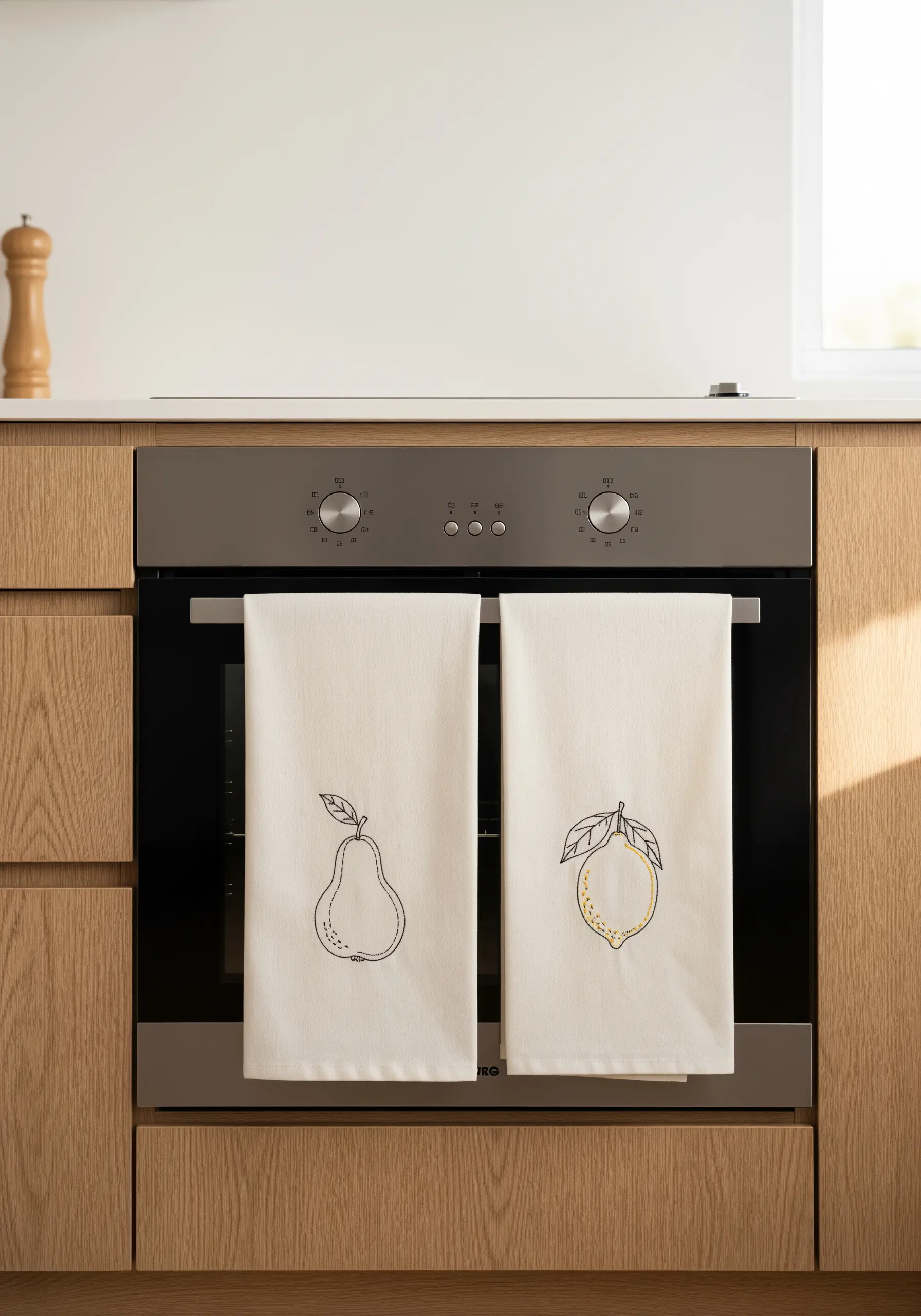 Two kitchen towels, one with a pear outline and one with a lemon outline partially filled with yellow.