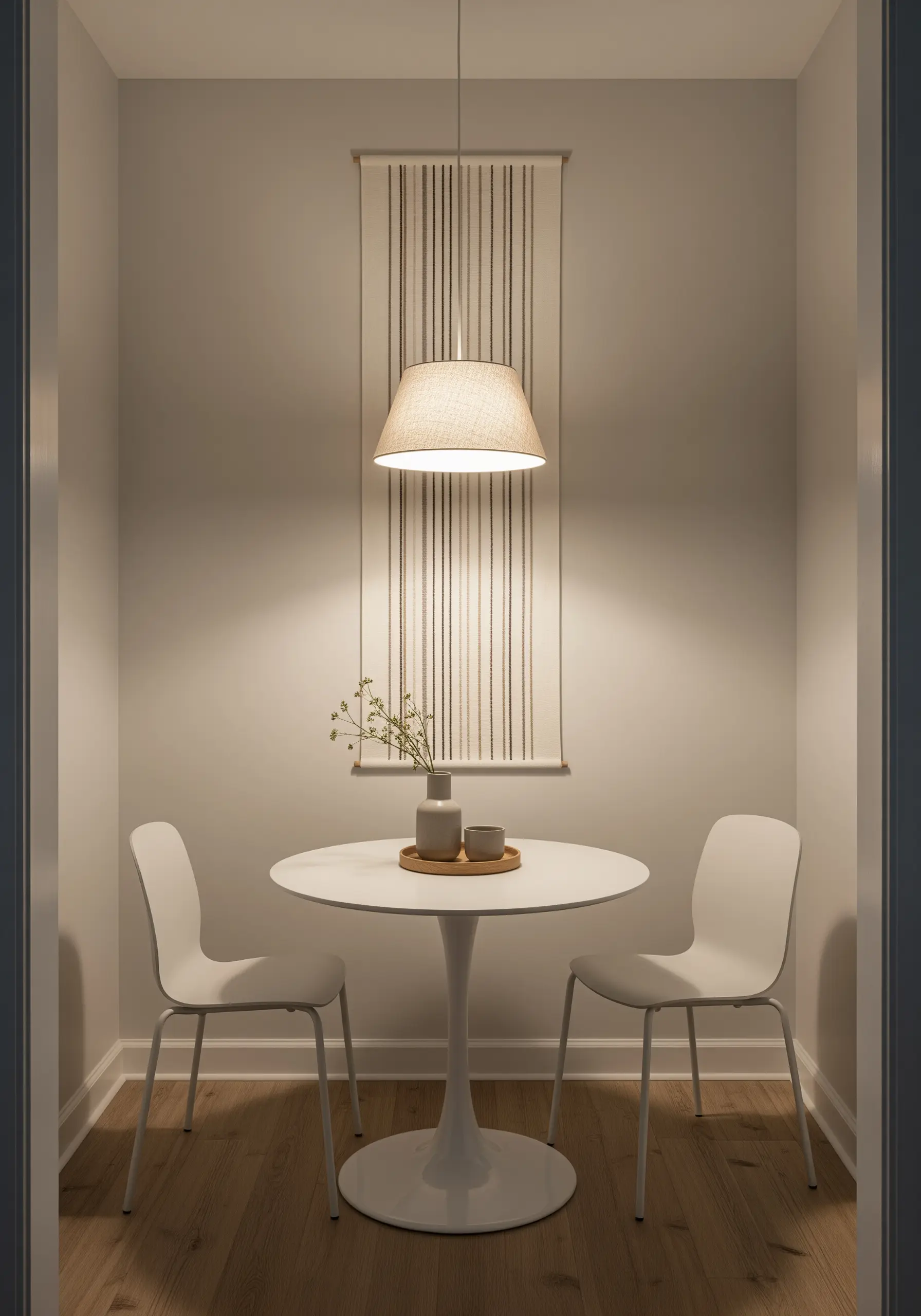 A tall, narrow wall hanging with minimalist vertical black stitches on a white background.