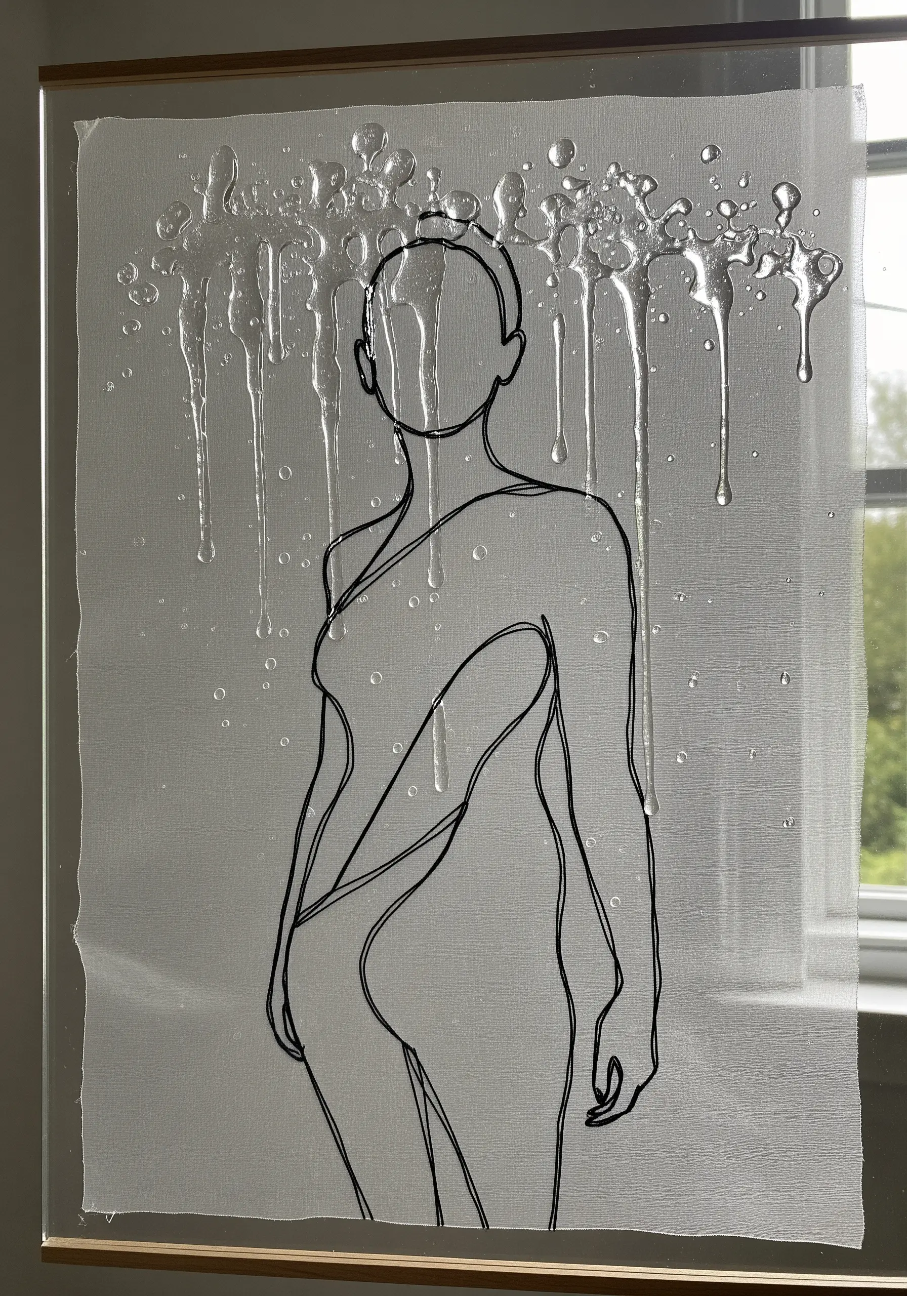 A black thread line drawing on sheer fabric with clear resin drips and bubbles on top.