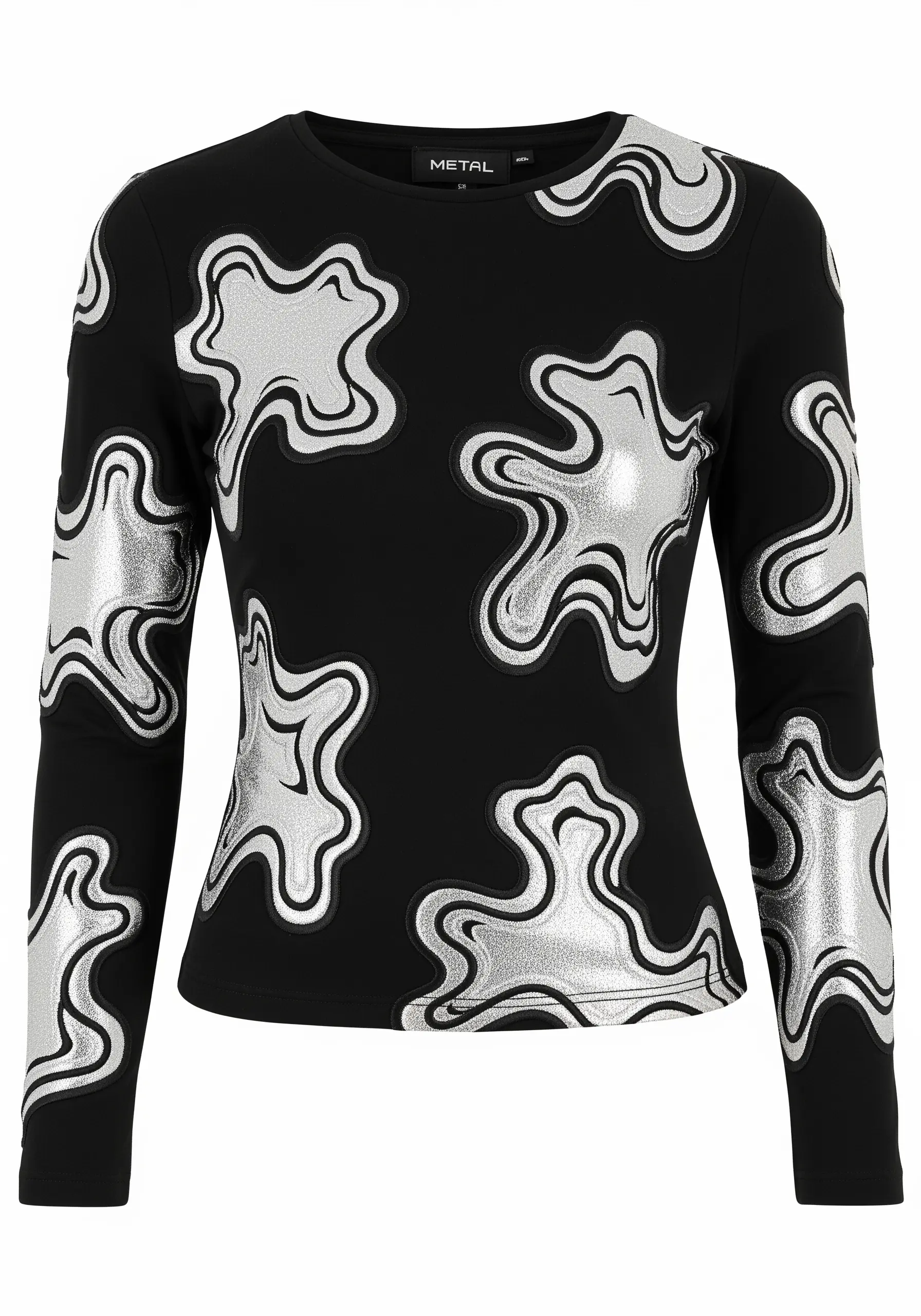 Abstract liquid silver appliqué shapes with glitter thread outlines on a black long-sleeve top.