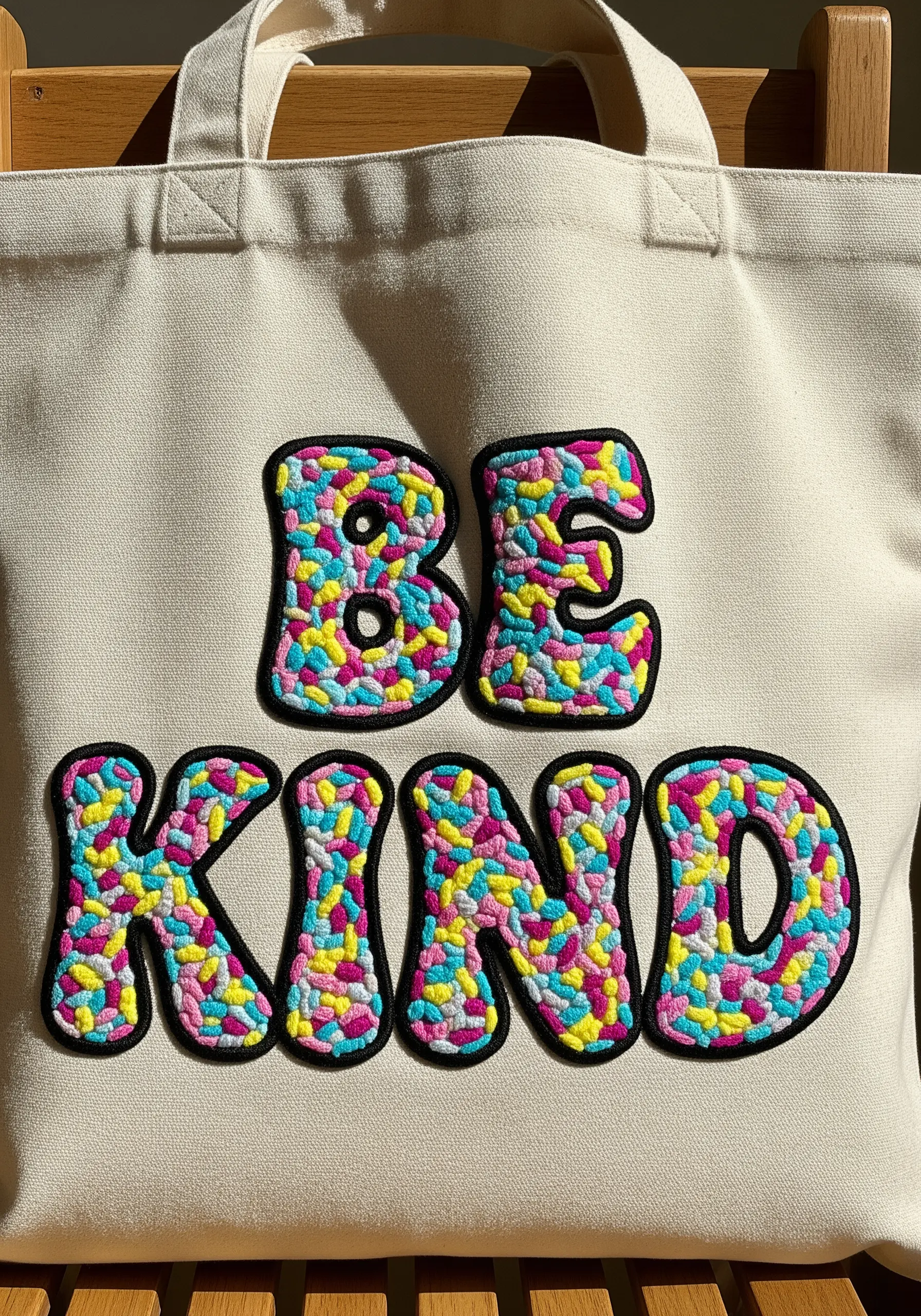 Punch needle loop pile embroidery on a tote bag spelling BE KIND in confetti colors