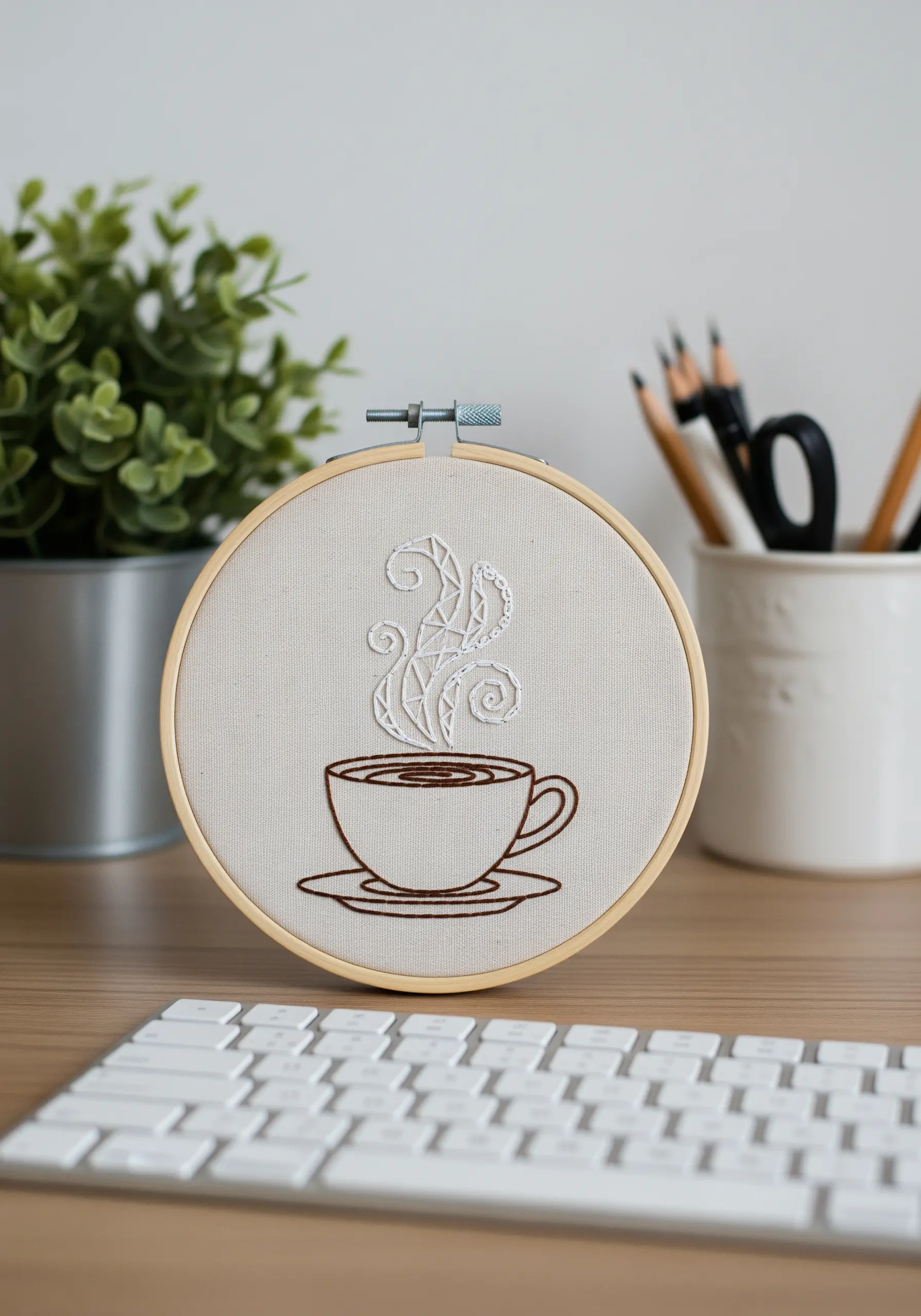 Geometric line art of a coffee cup with stylized, low-poly steam.