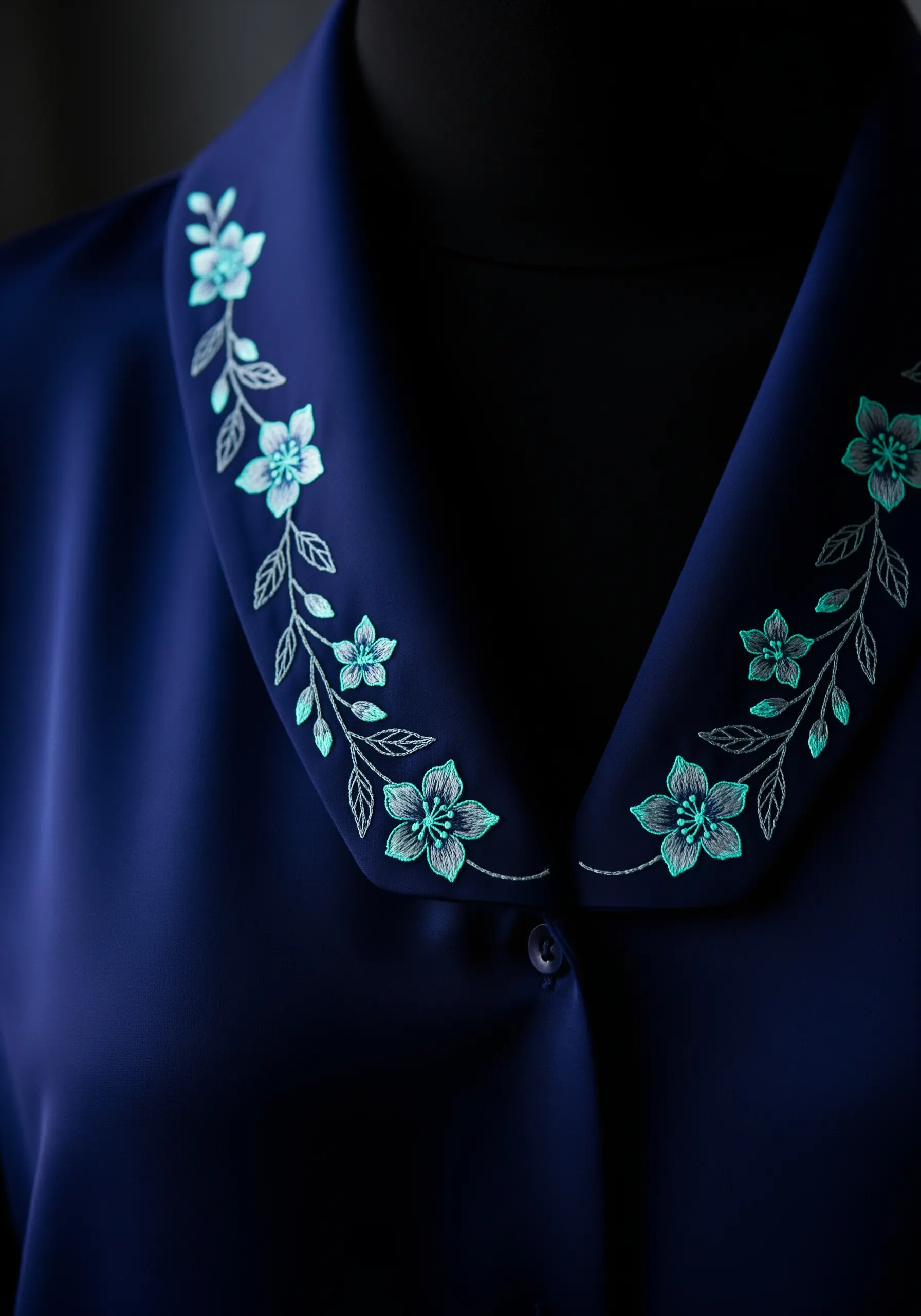 Glowing mint-green and silver floral vines embroidered on a dark navy blue collar.