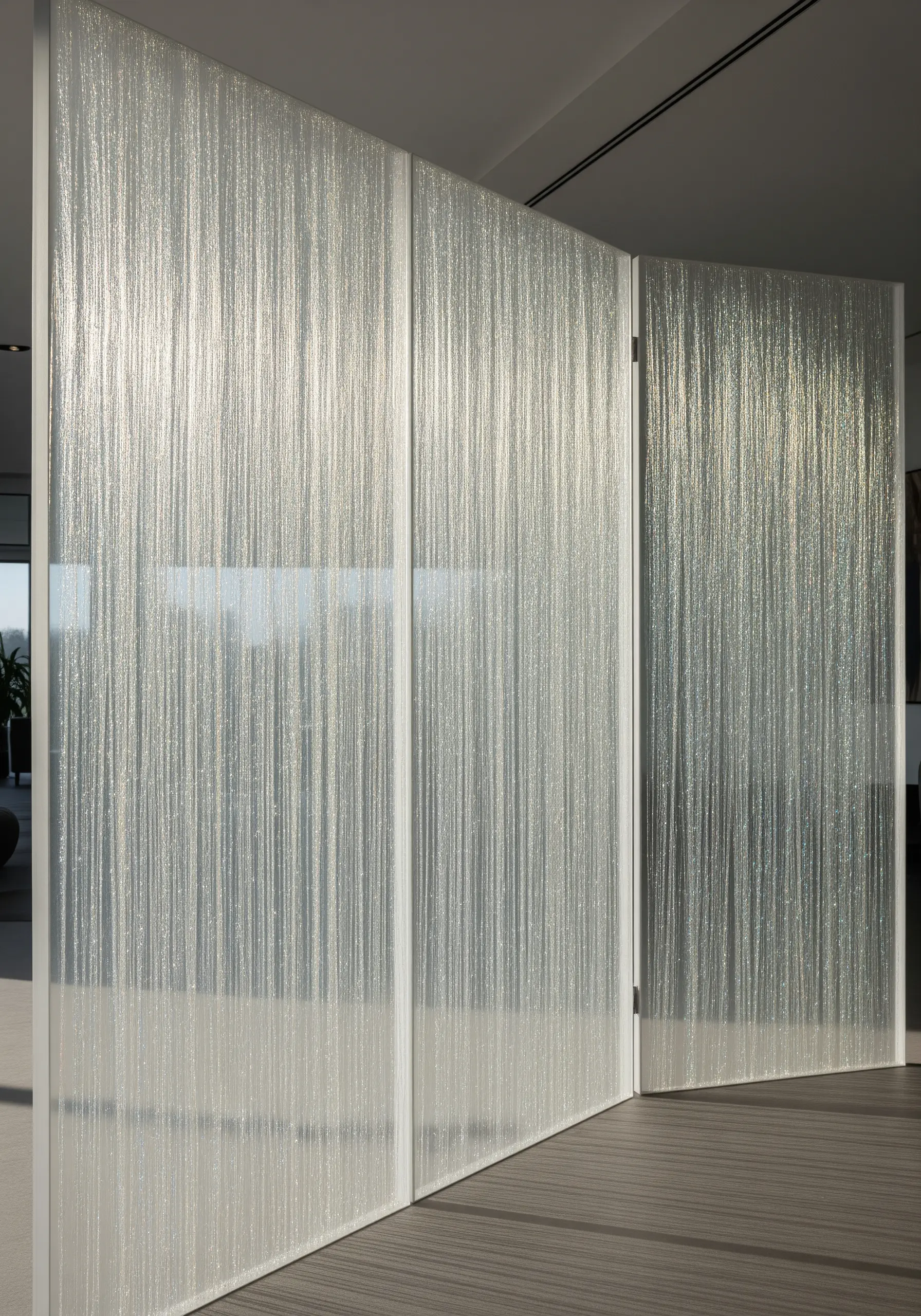 Translucent room divider panels with vertical threads embedded in the resin, creating a shimmer.