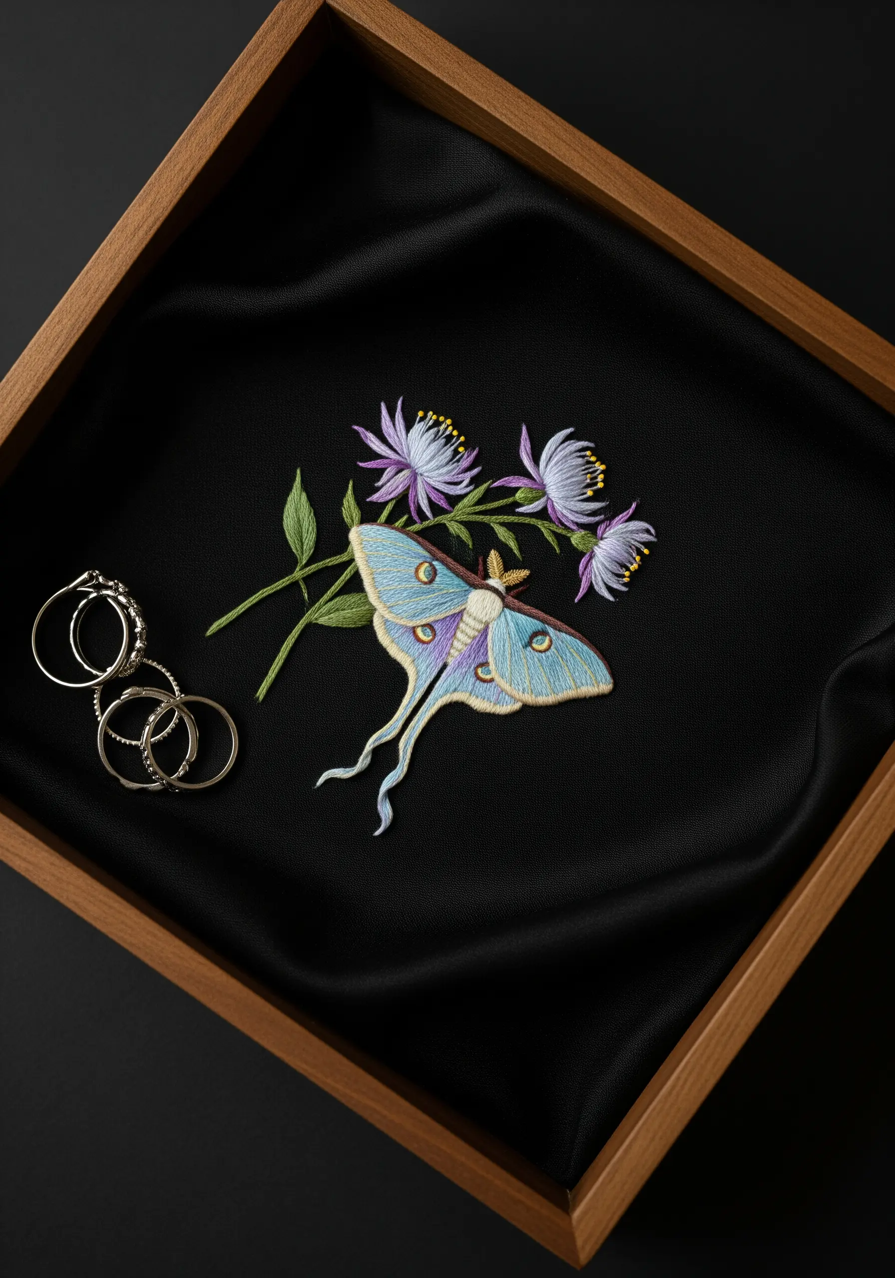 A detailed Luna moth embroidered on black satin inside a wooden tray.