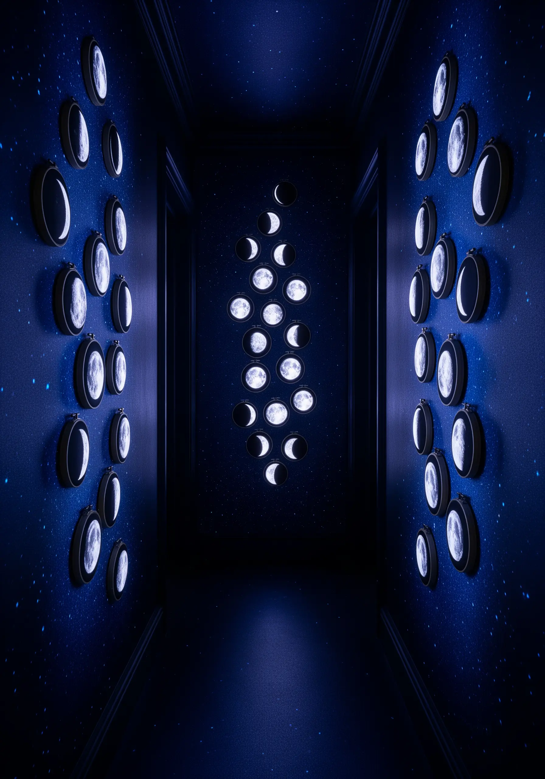 An immersive hallway installation of embroidered moon phases on a dark, starry wall.
