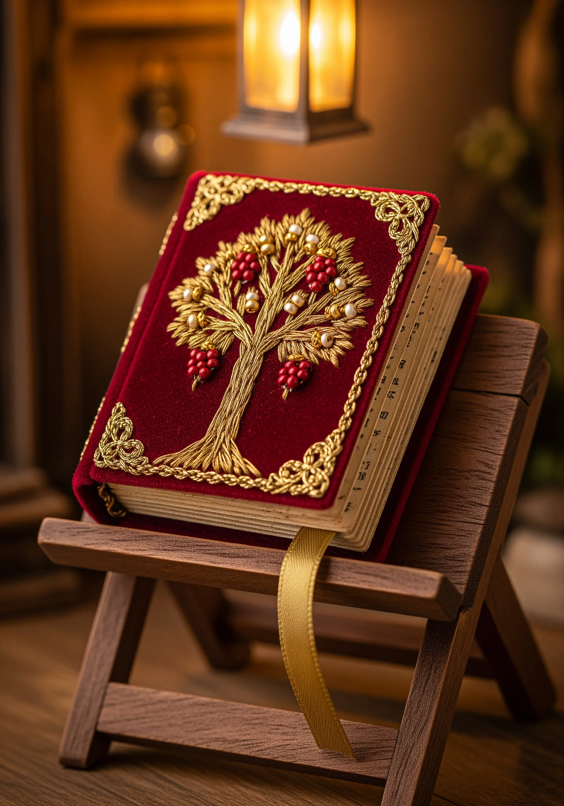 Red velvet book cover with a goldwork tree of life, embellished with pearls and beads.
