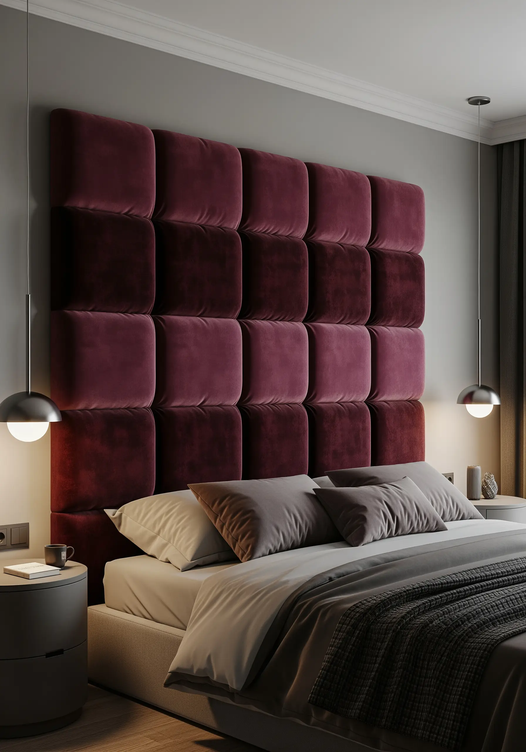 A large, tufted headboard made of square velvet panels in shades of deep red and purple.