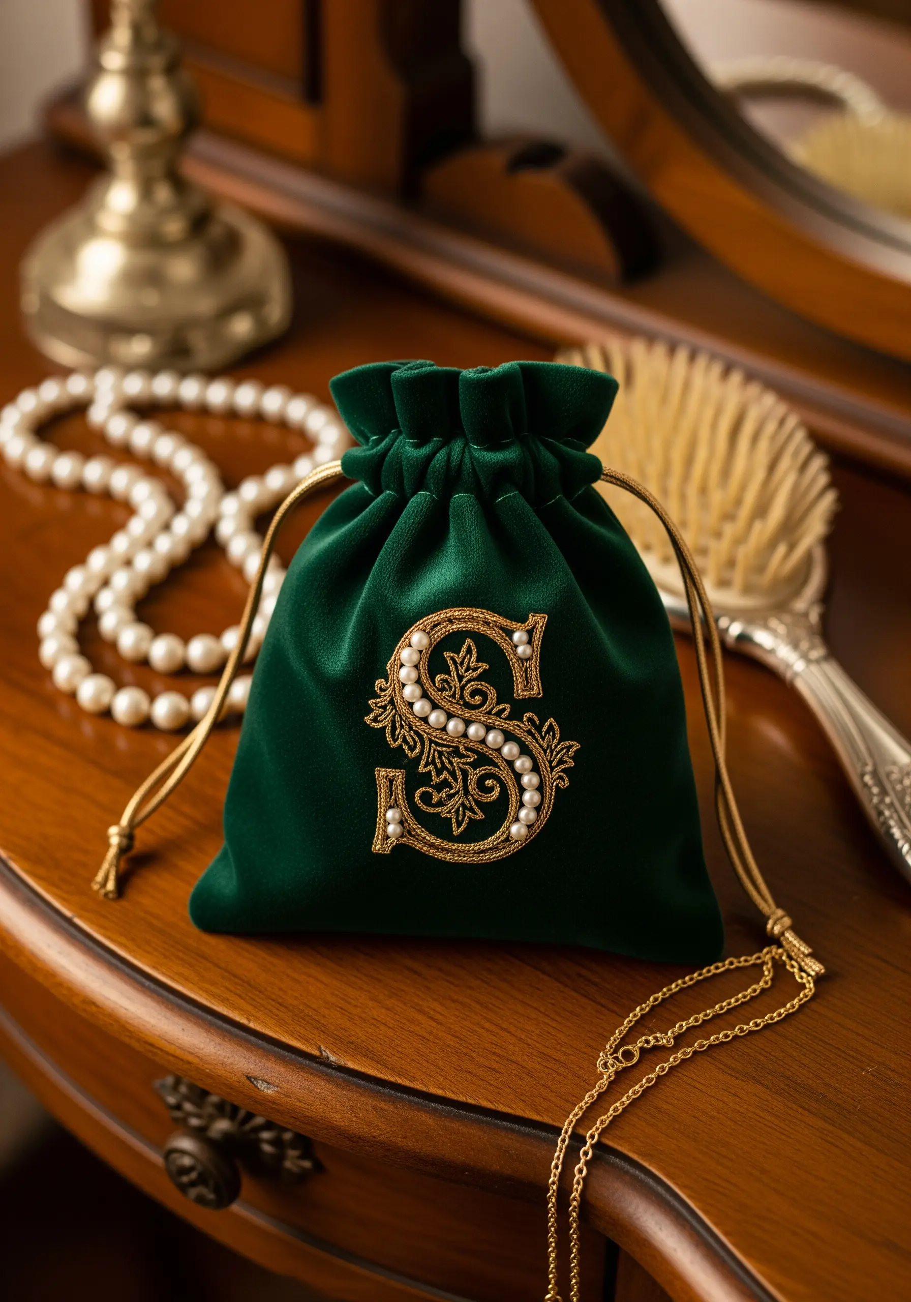 A deep green velvet drawstring pouch with a gold and pearl embroidered letter 'S.'