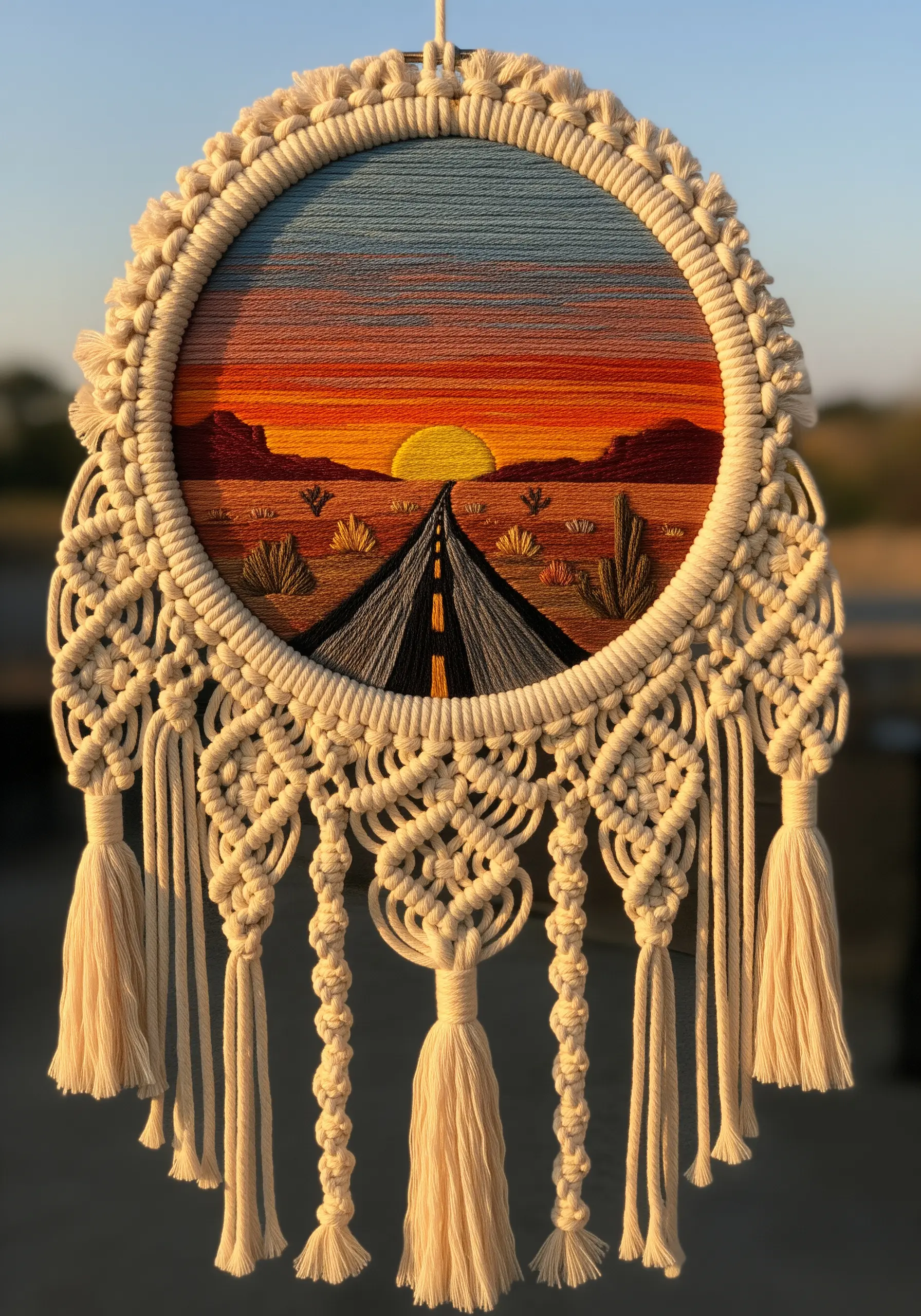 Macrame hoop with embroidered sunset landscape