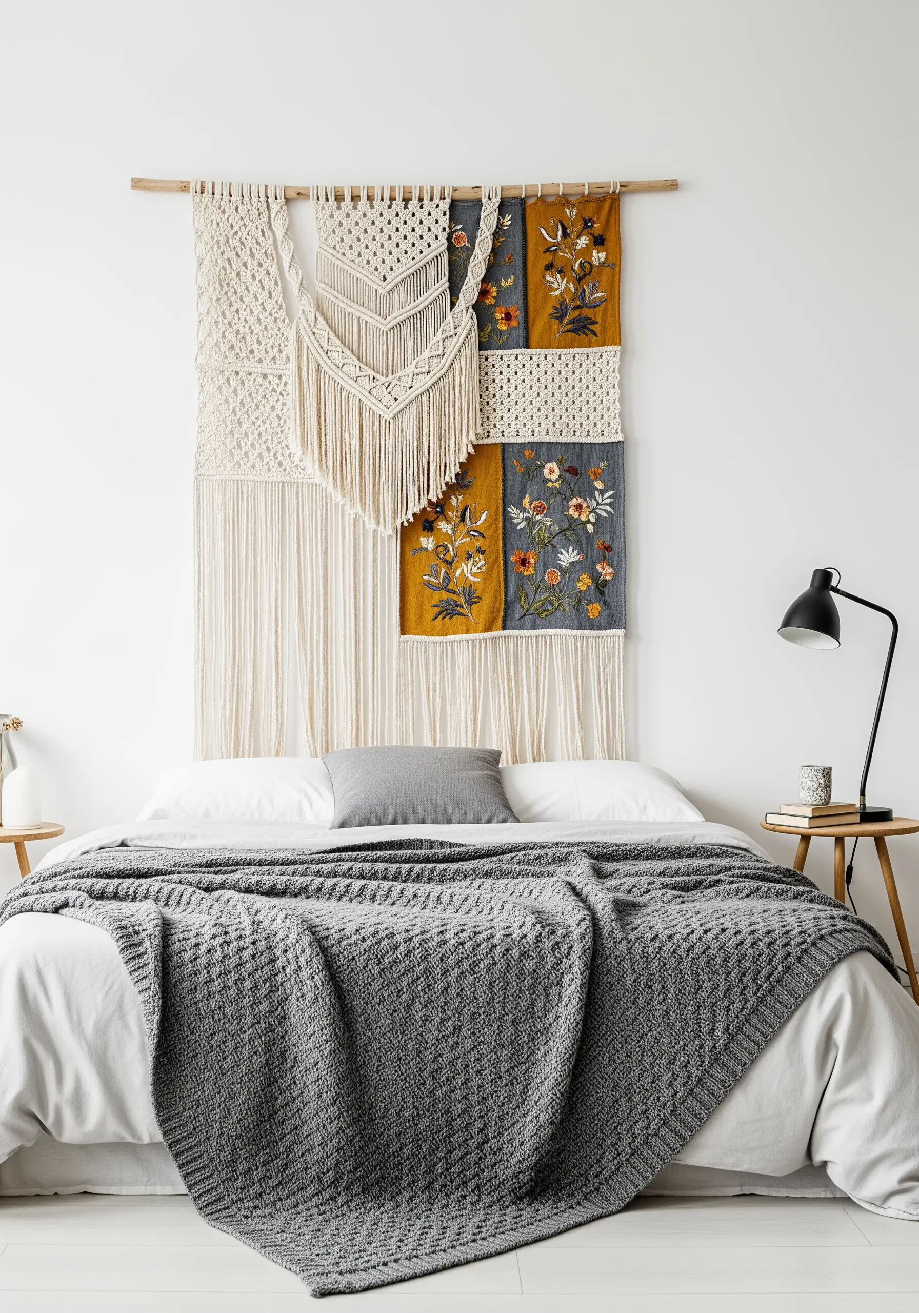 Macrame wall hanging with embroidered floral and mustard color blocks