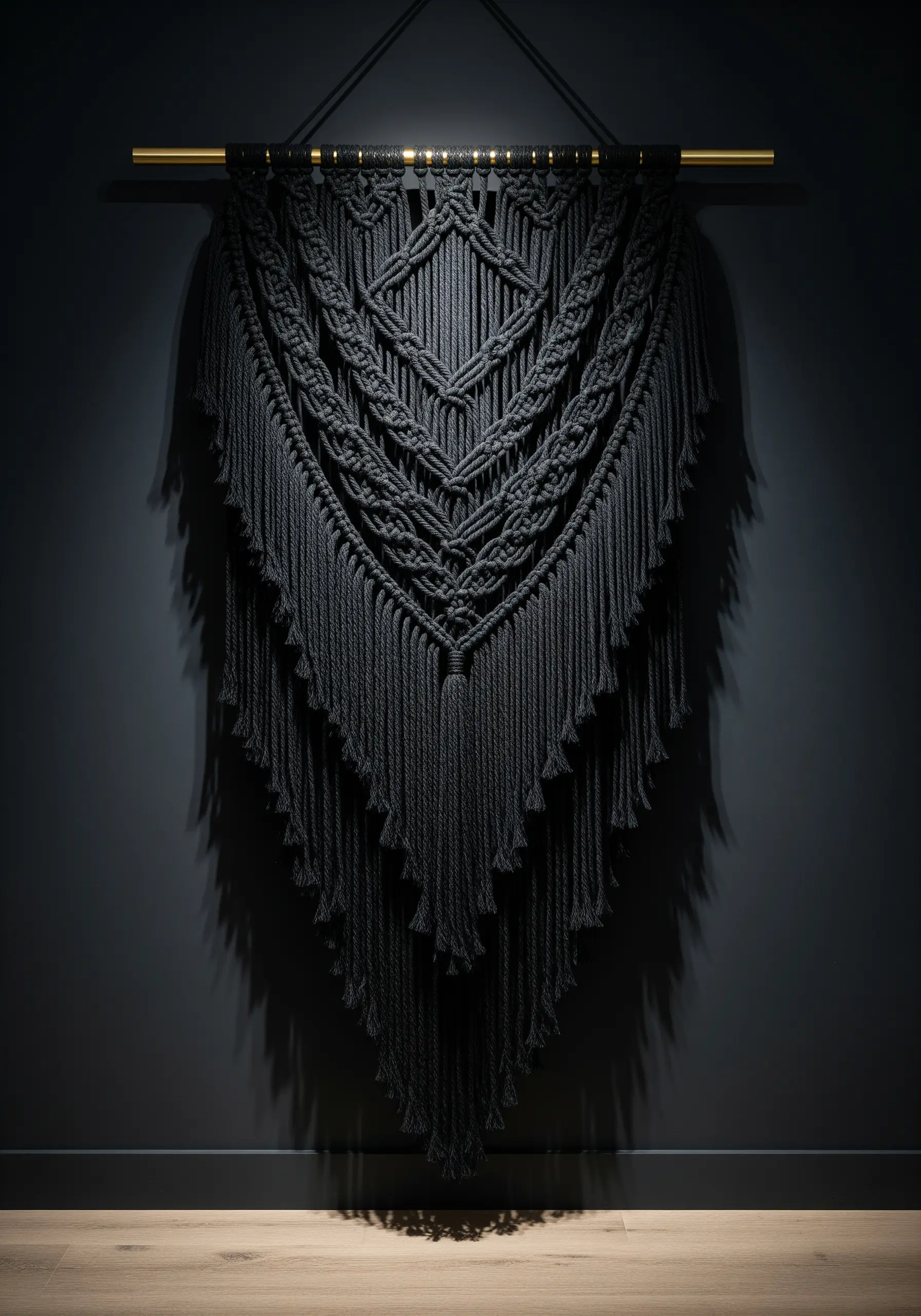A black wall hanging with dense, layered embroidery knots that mimic the look of macramé.