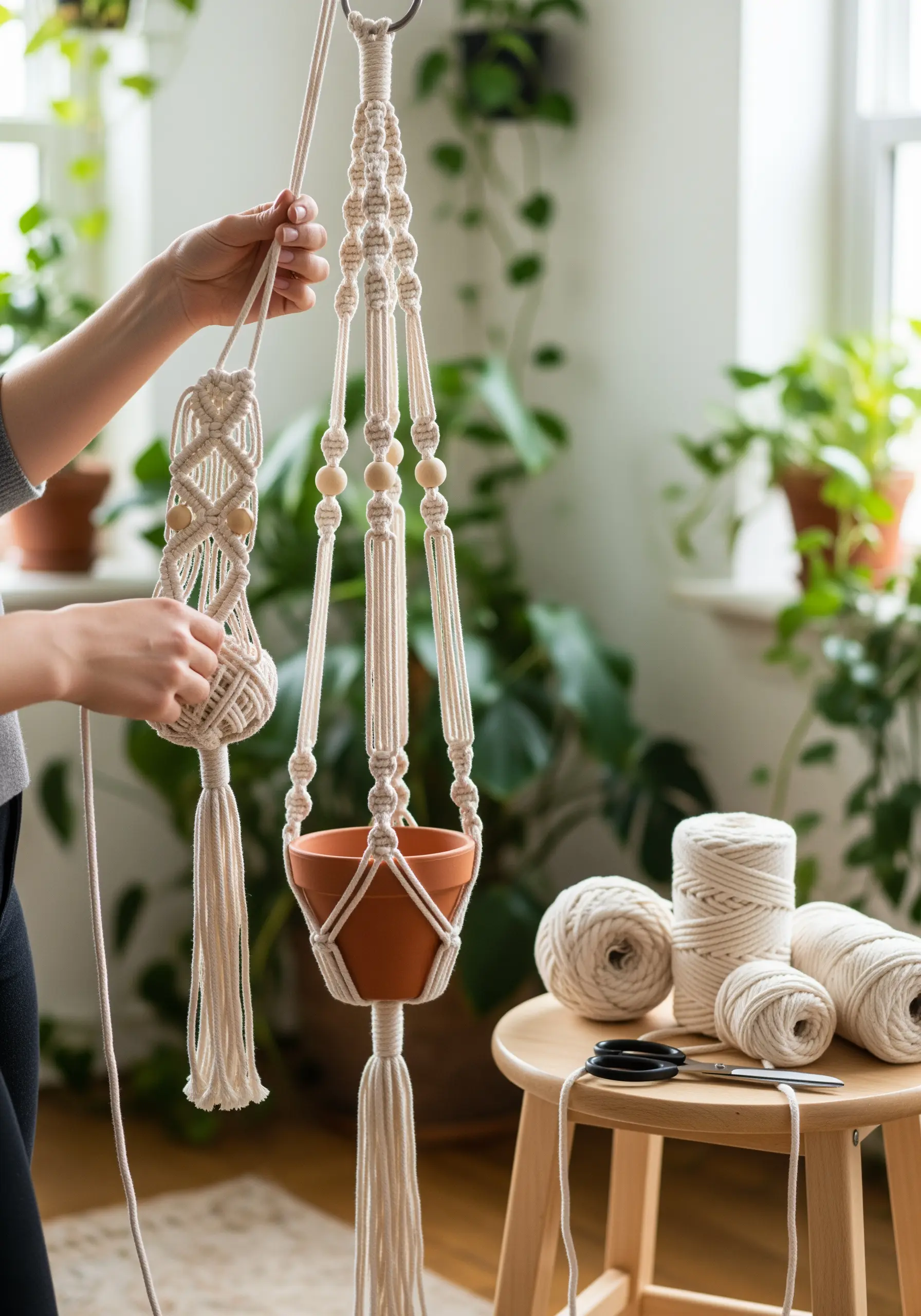 Hands making a macrame plant hanger with natural cord and wooden beads.