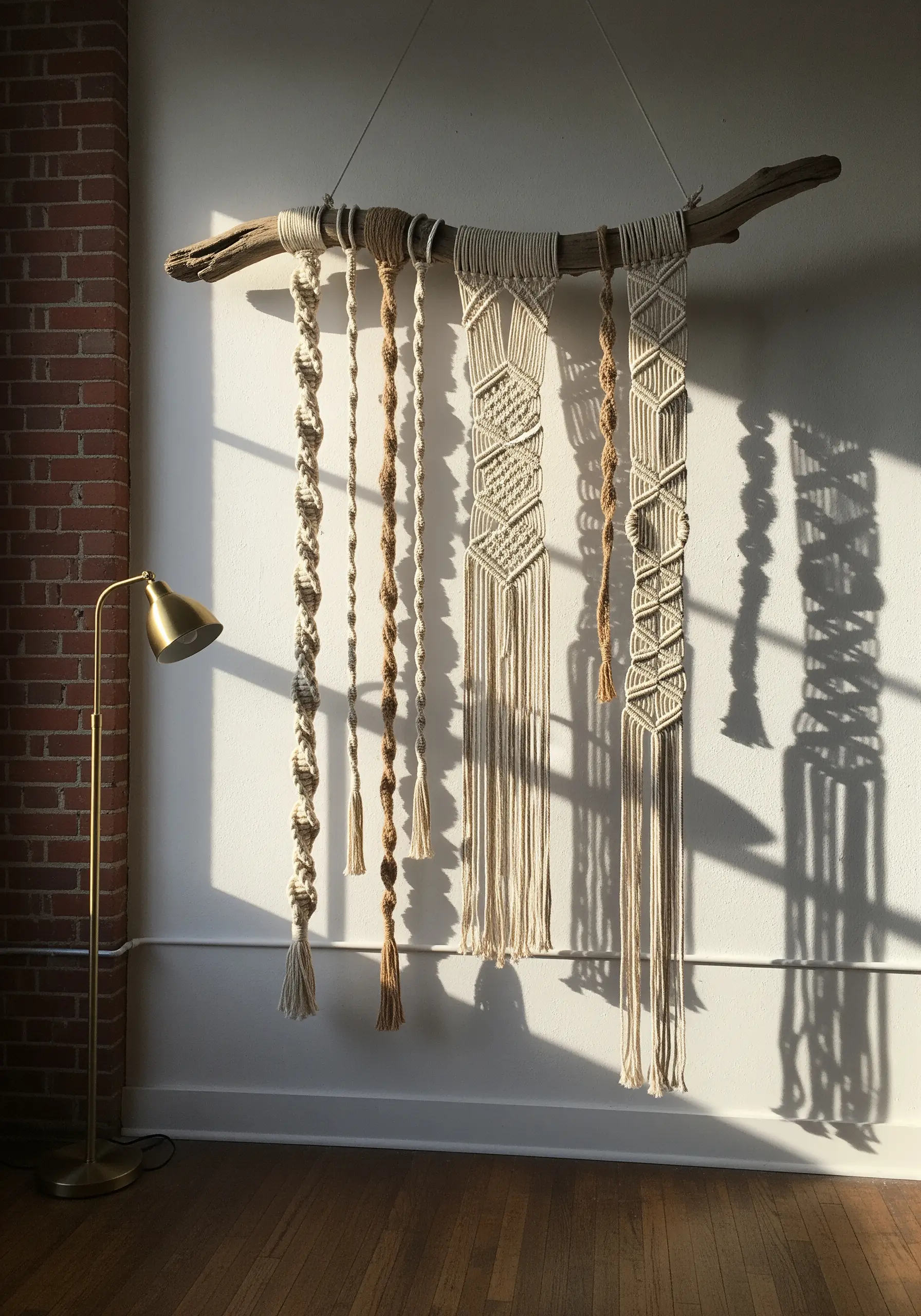 A macrame wall hanging on a branch with intricate knots casting strong shadows.