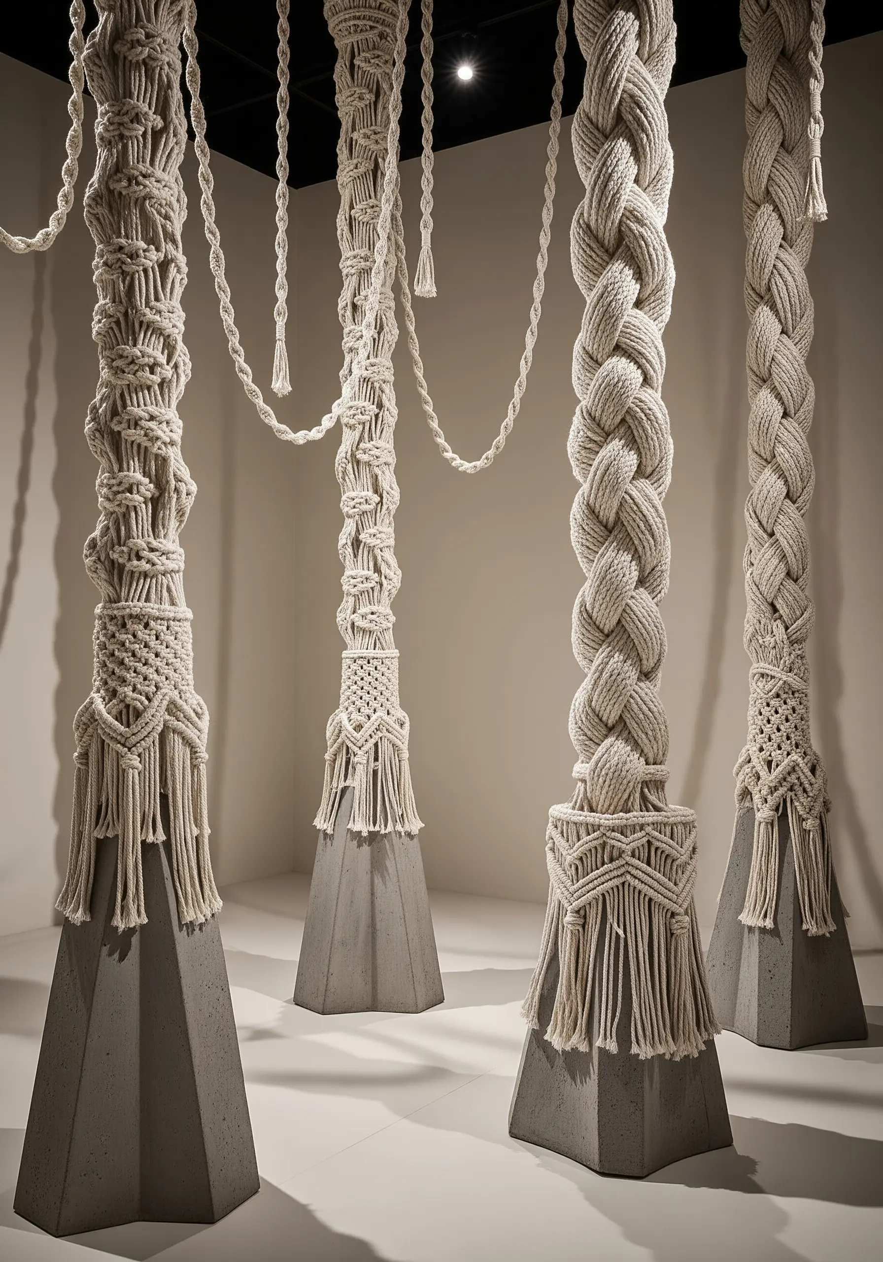 Thick rope macramé columns with intricate knot patterns