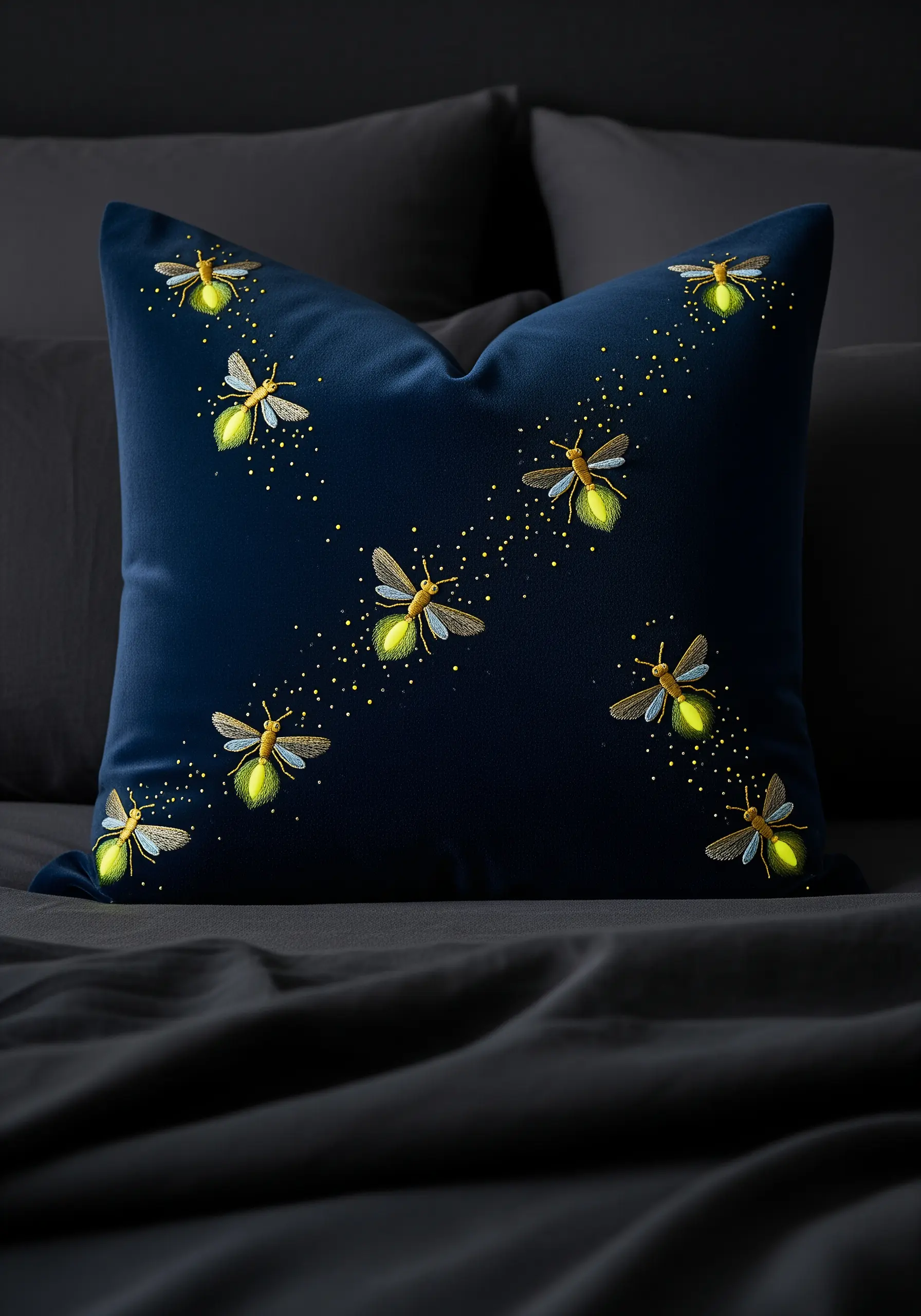 Embroidered fireflies with glowing abdomens on a dark blue velvet pillow.