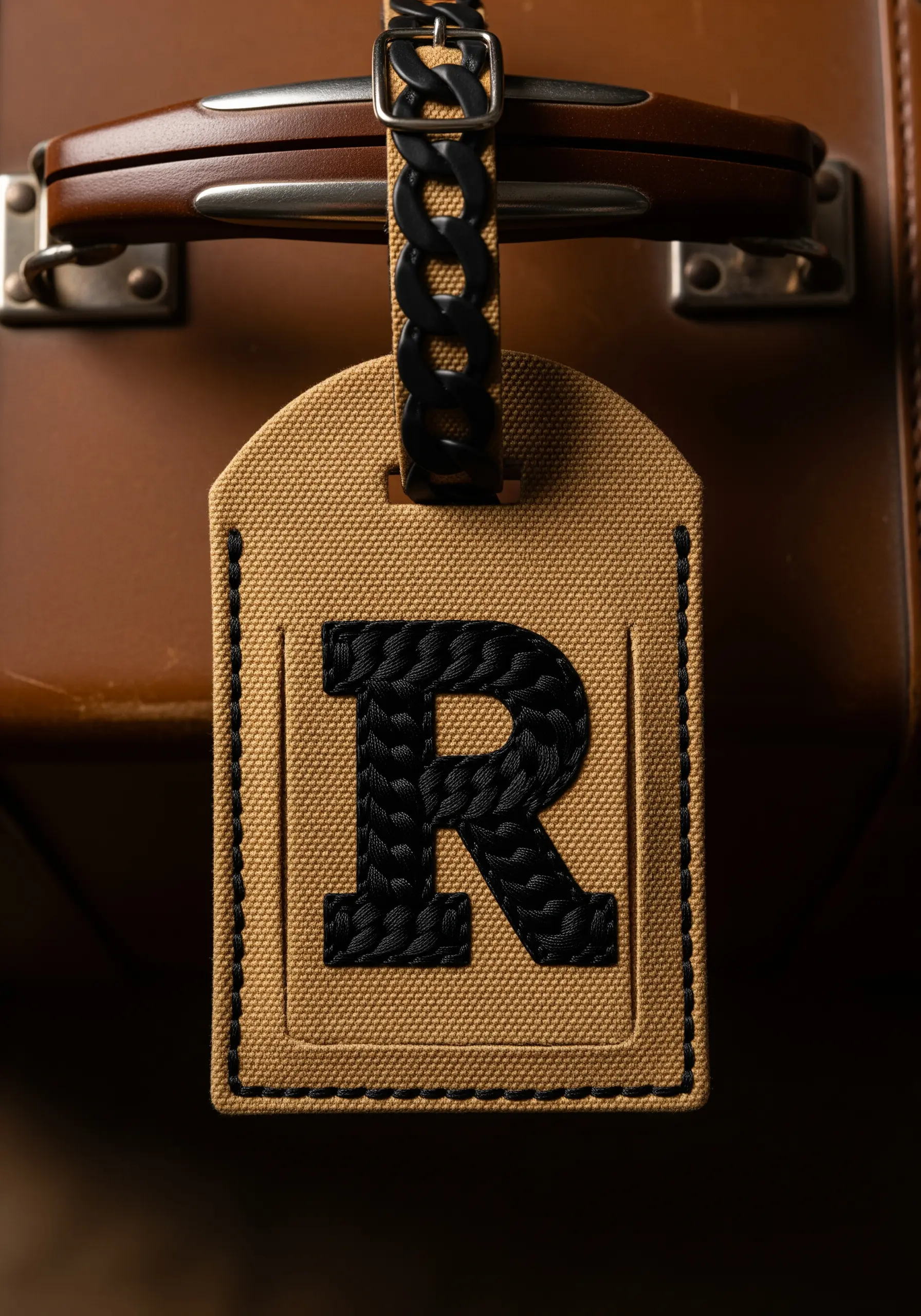 A tan luggage tag with a large, bold initial 'R' embroidered in black satin stitch.