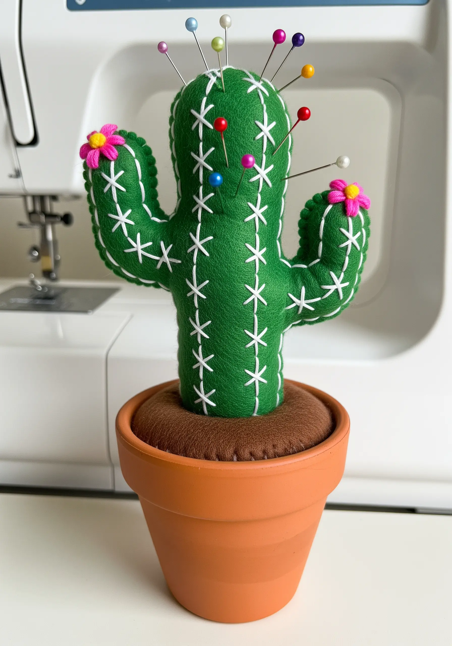 A 3D pincushion shaped like a cactus, made from green felt with white decorative stitches.