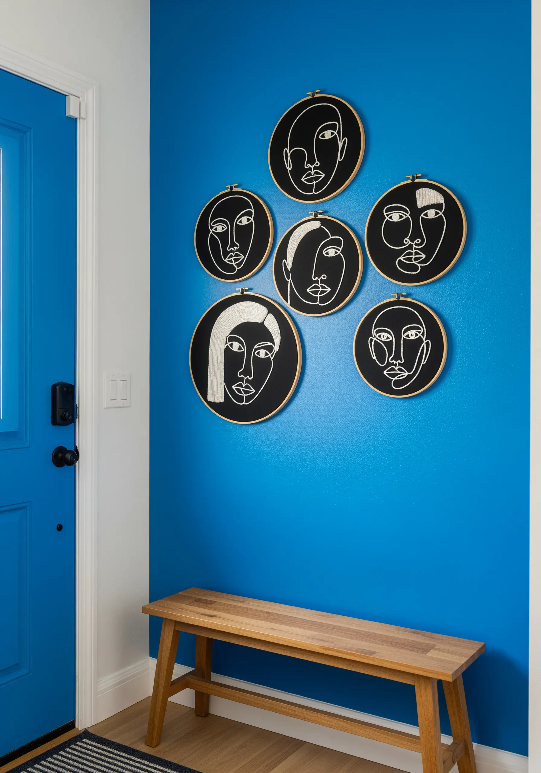A cluster of six embroidery hoops with minimalist white-on-black line art faces on a bright blue wall.