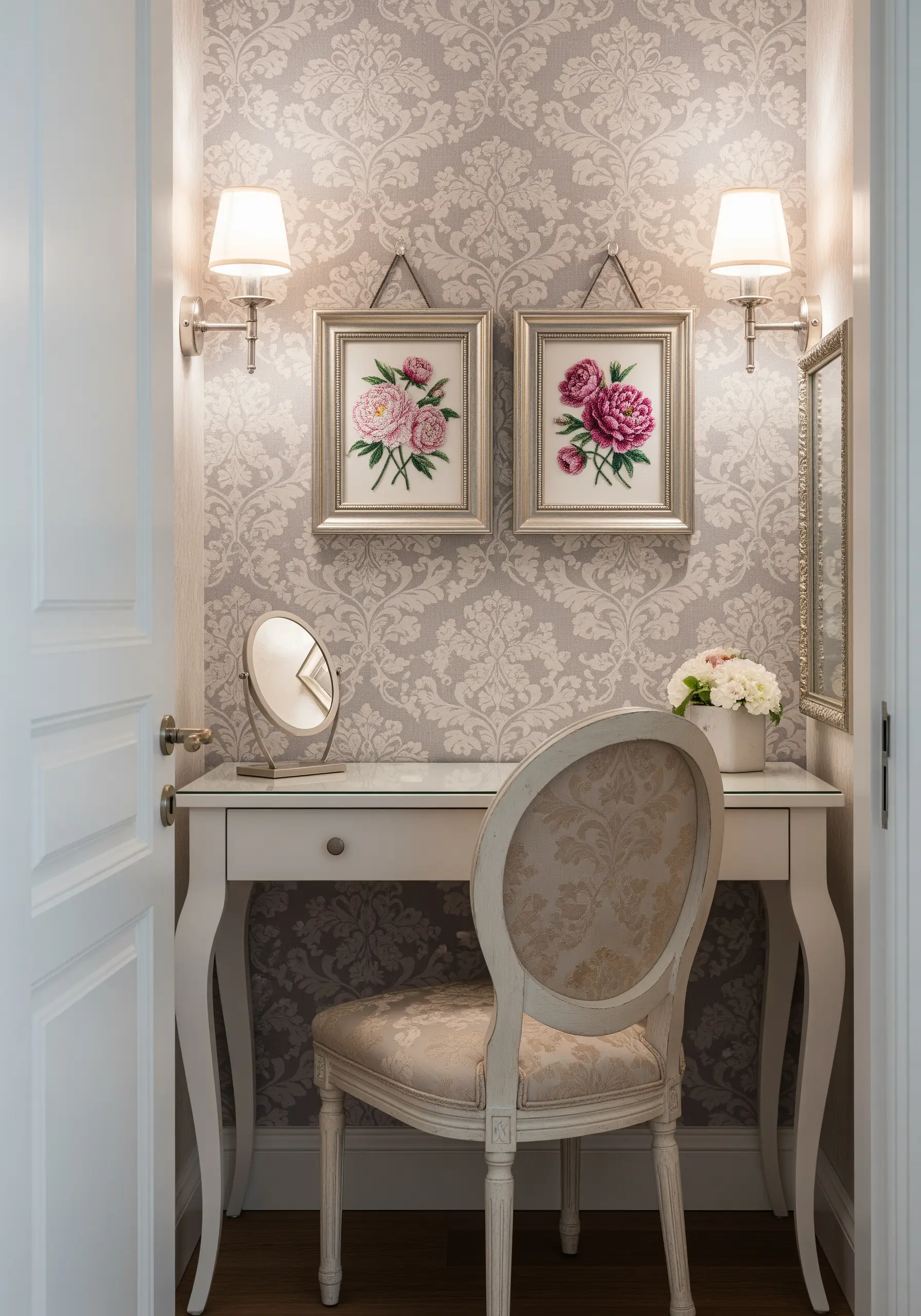 Two framed embroideries of pink peonies hanging on a wall with gray floral damask wallpaper.