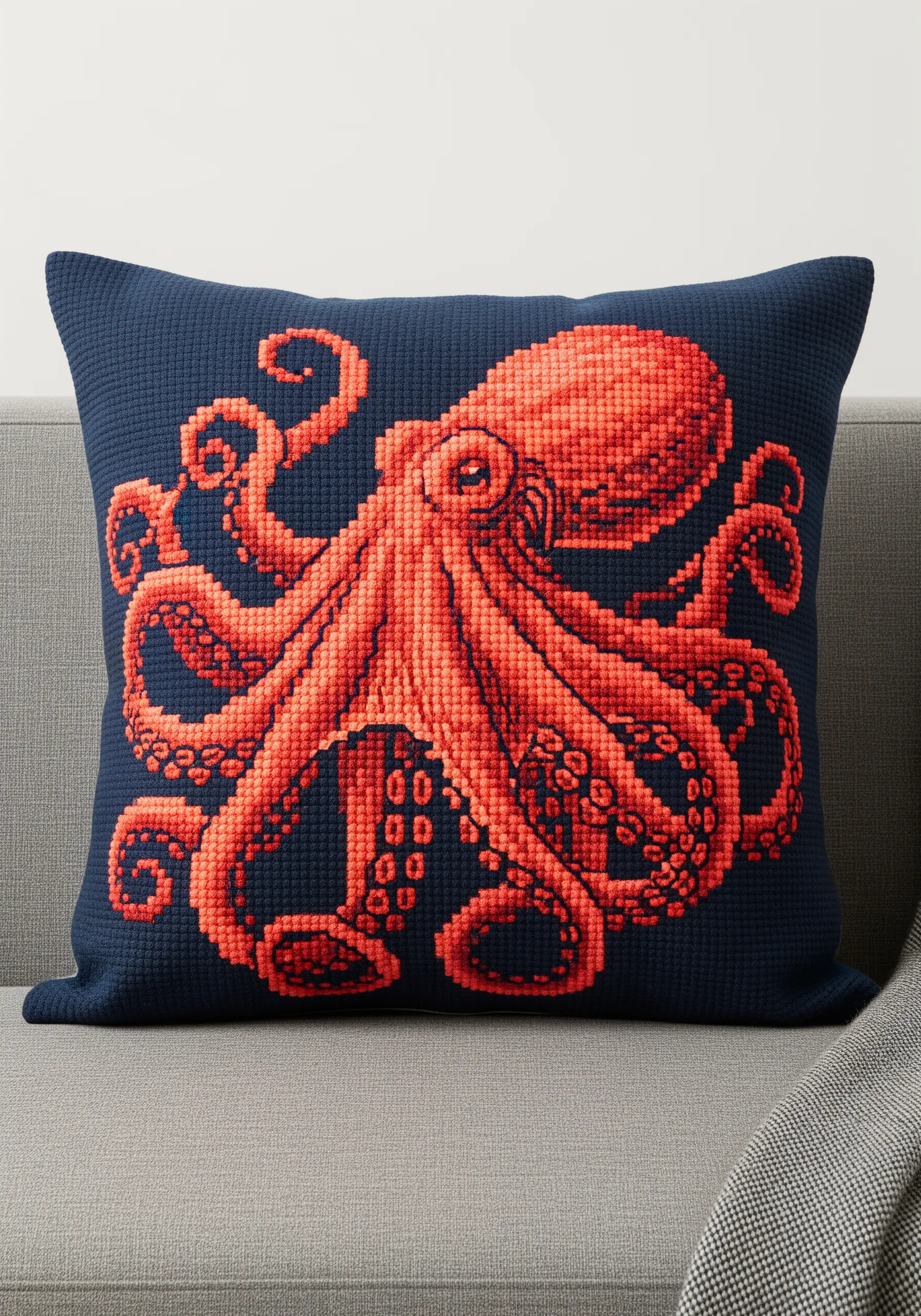 A large, vibrant red octopus cross-stitched on a dark blue couch cushion.