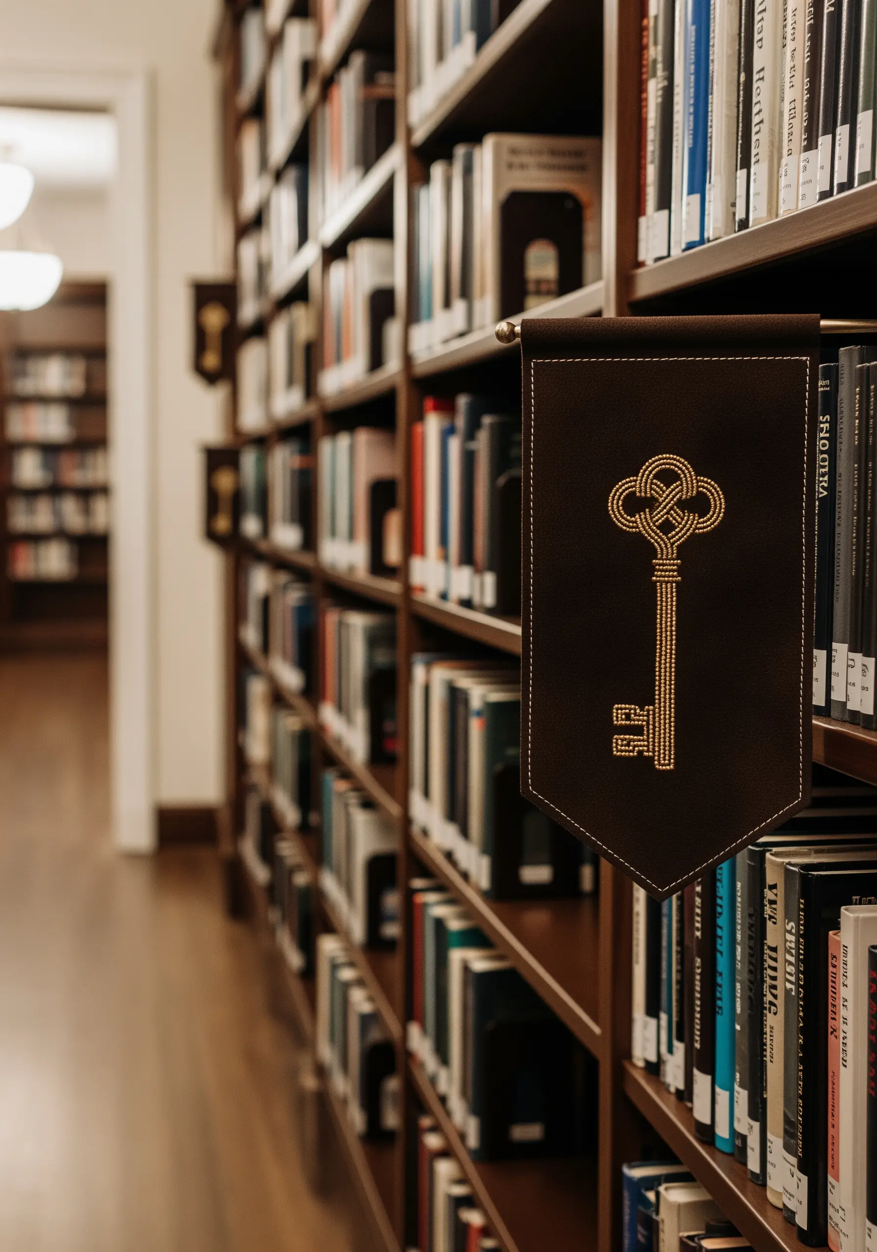 A small, dark brown banner featuring a single, intricately stitched gold key.