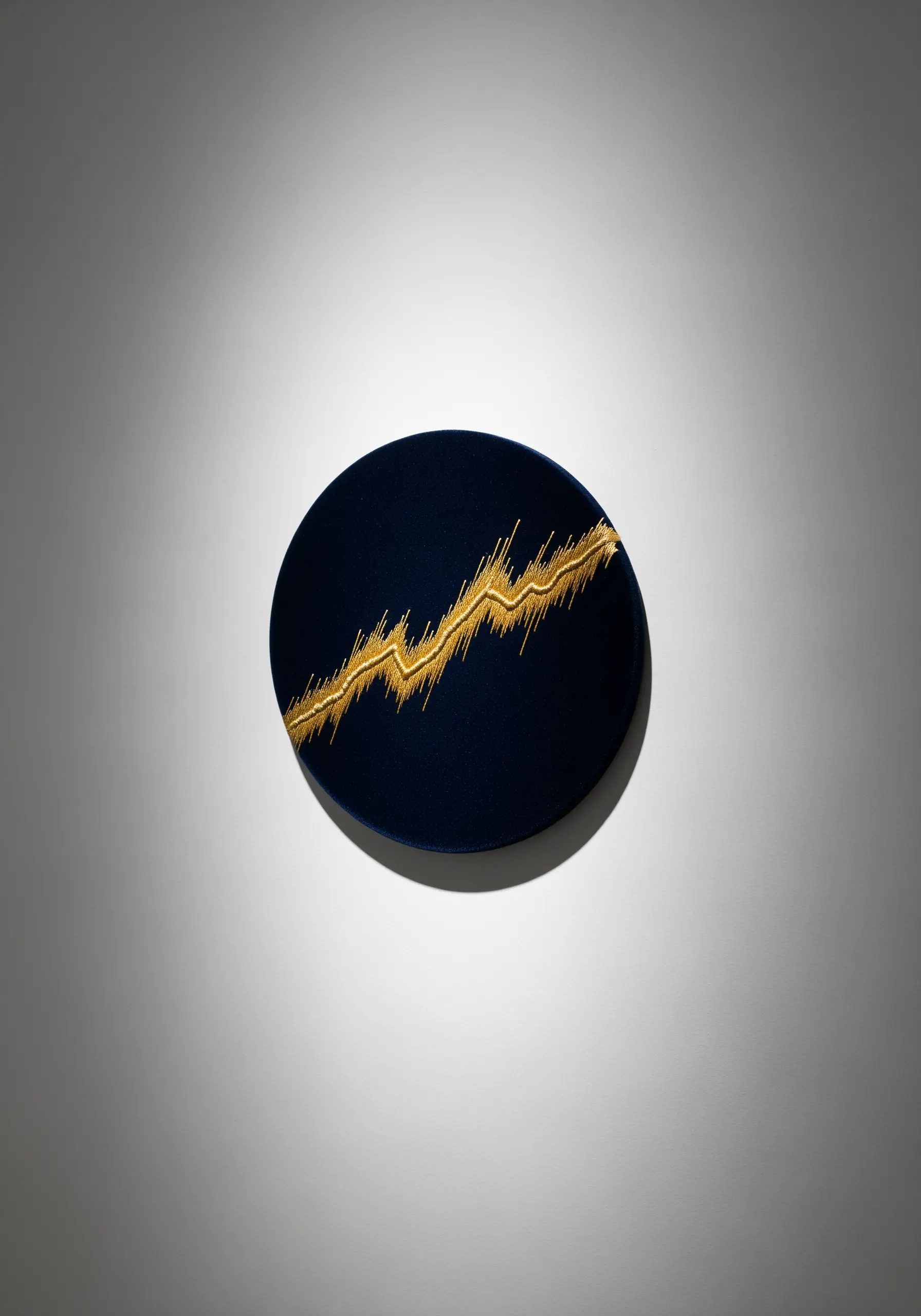 An abstract burst of gold metallic thread embroidered on a dark navy fabric disc.
