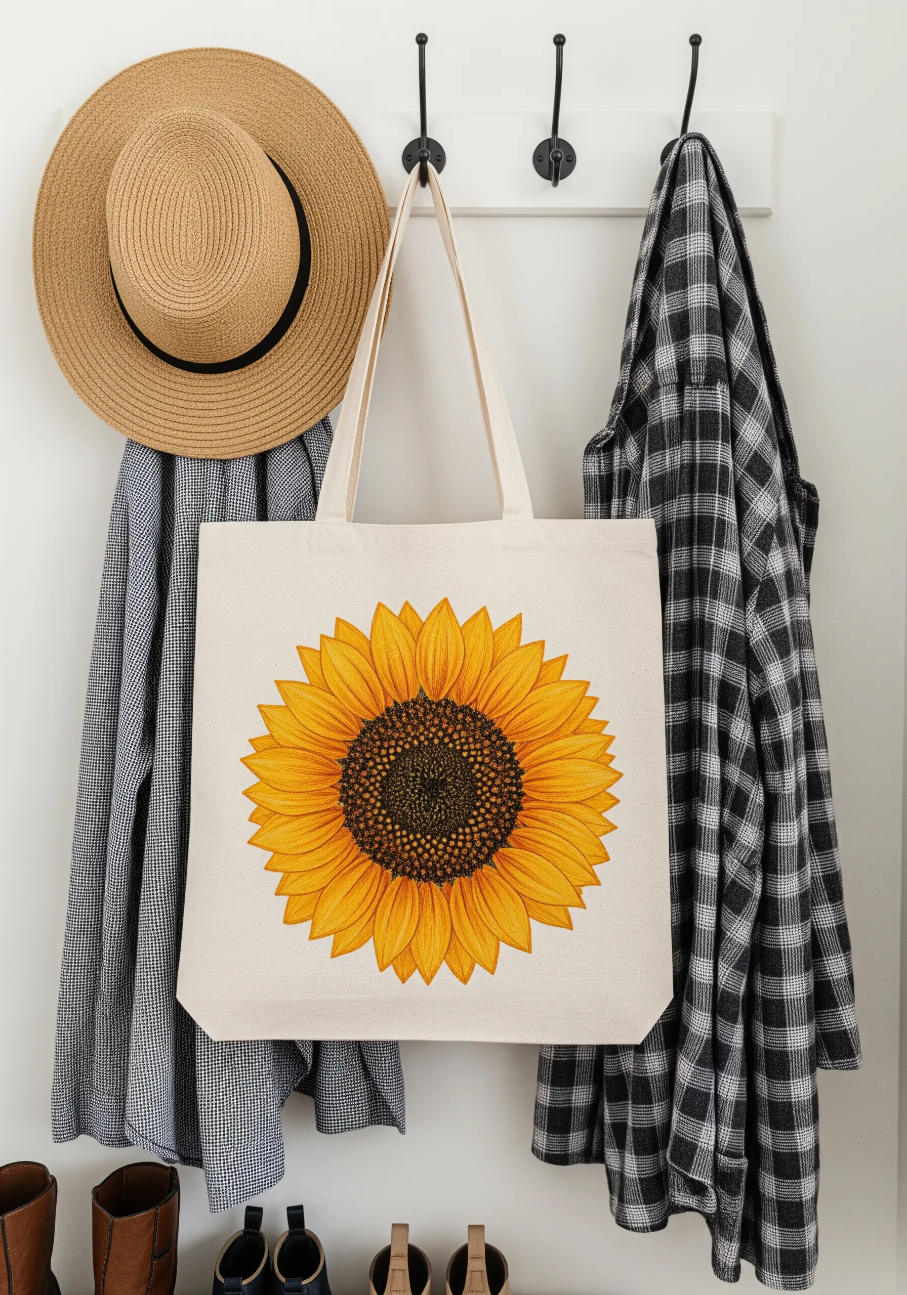 A canvas tote bag featuring a large, boldly embroidered sunflower with a textured center.