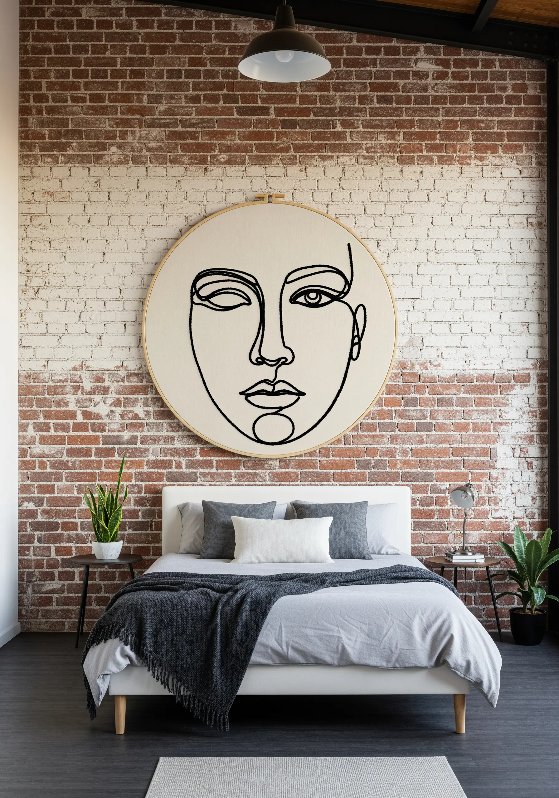 An oversized embroidery hoop with a bold, abstract line art face, hung above a bed.