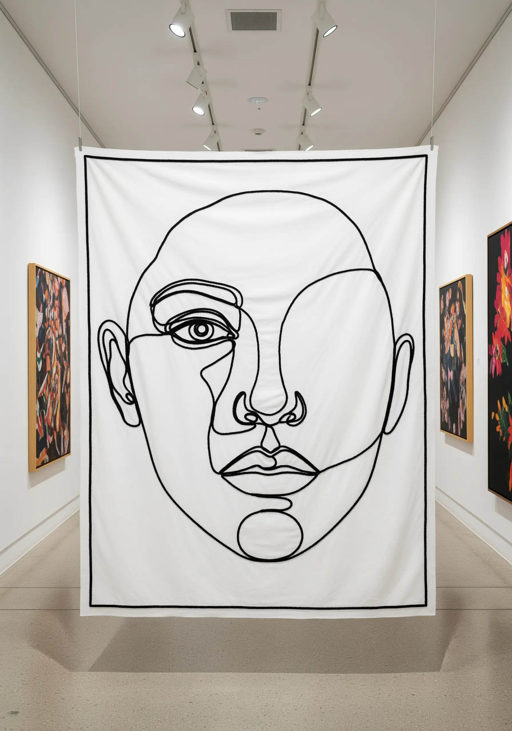 A large white fabric panel with a continuous black line art portrait hanging in a gallery.