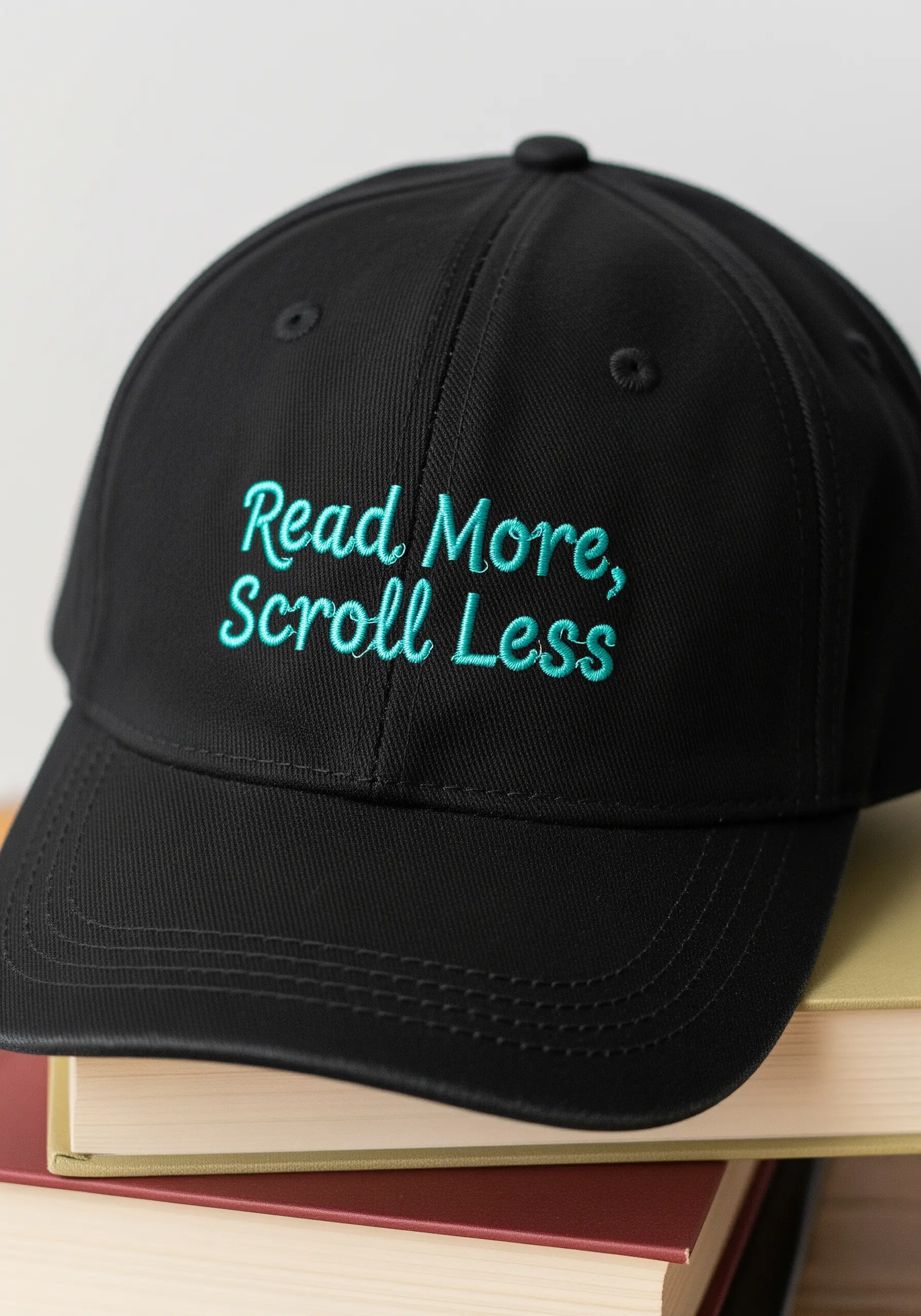 A black baseball cap with the words 'Read More, Scroll Less' embroidered in turquoise script.