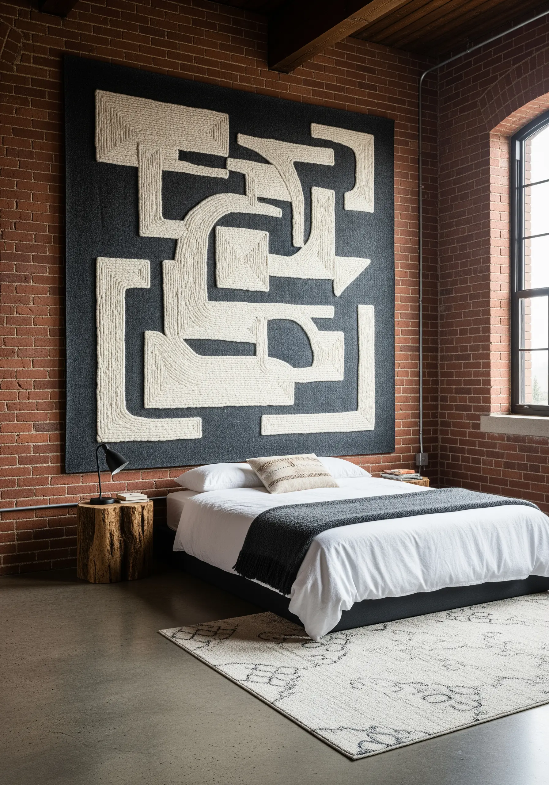 A very large black wall hanging with a bold abstract pattern made from thick white rope.